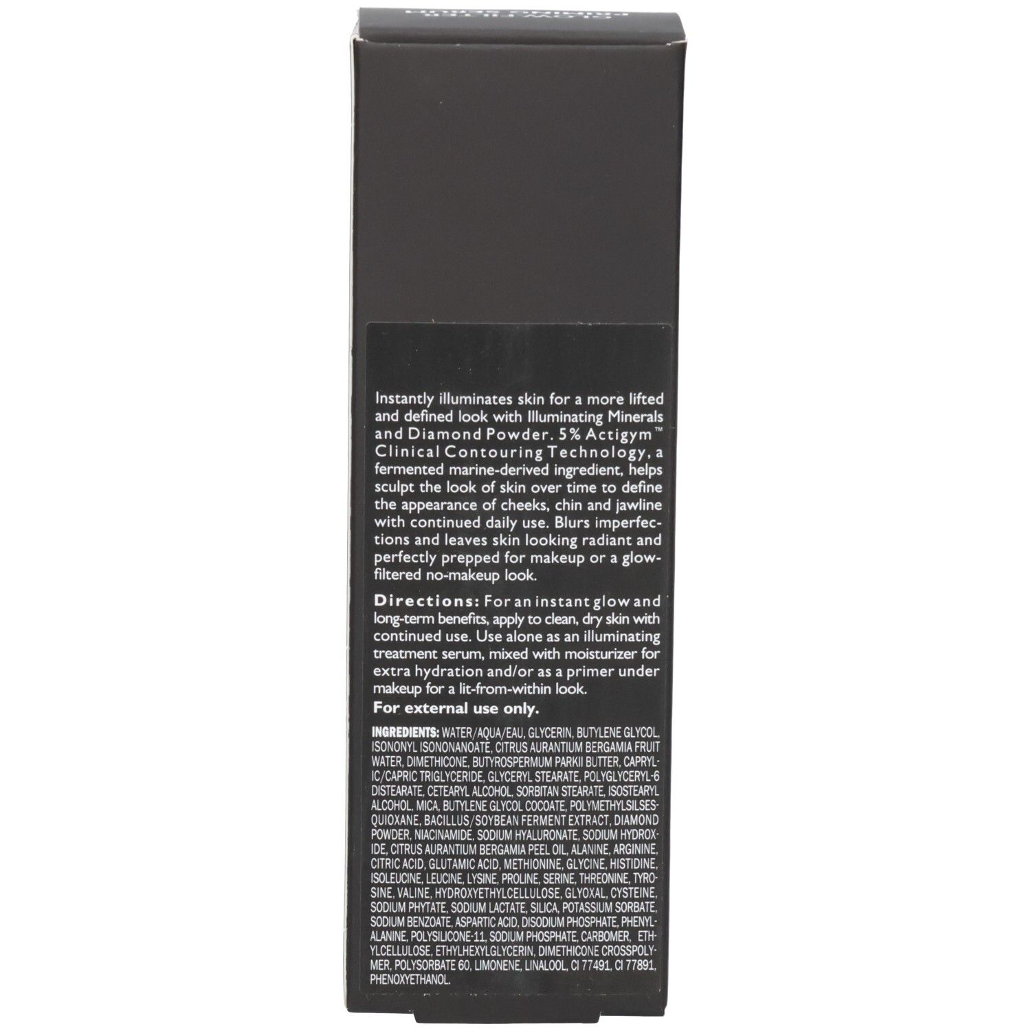 Zijde van de Peter Thomas Roth Instant Firmx Glow-Filter Priming Serum kartonnen doos met ingrediëntenlijst.