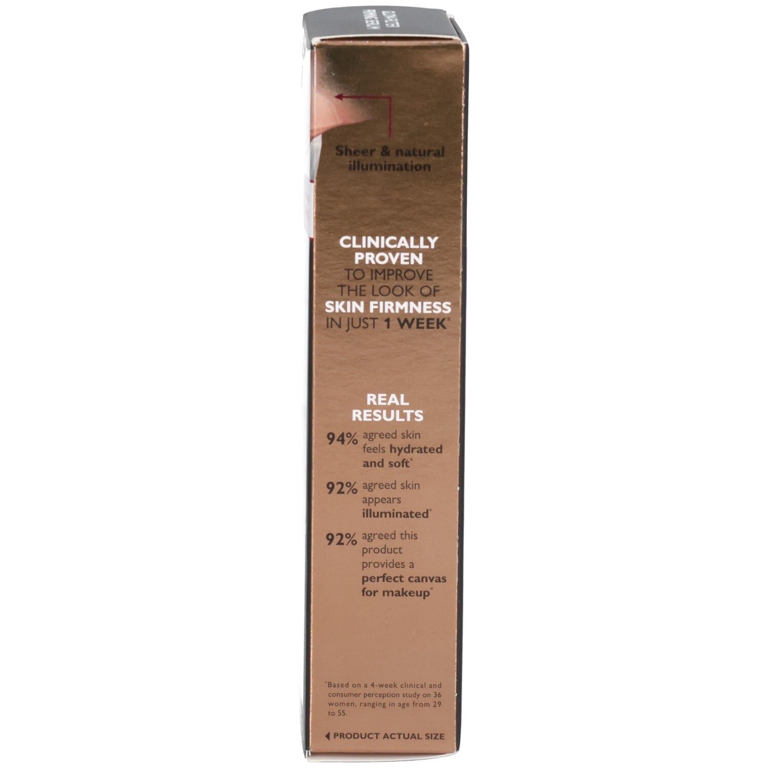 Zijde van de Peter Thomas Roth Instant Firmx Glow-Filter Priming Serum kartonnen doos met klinische resultaten.