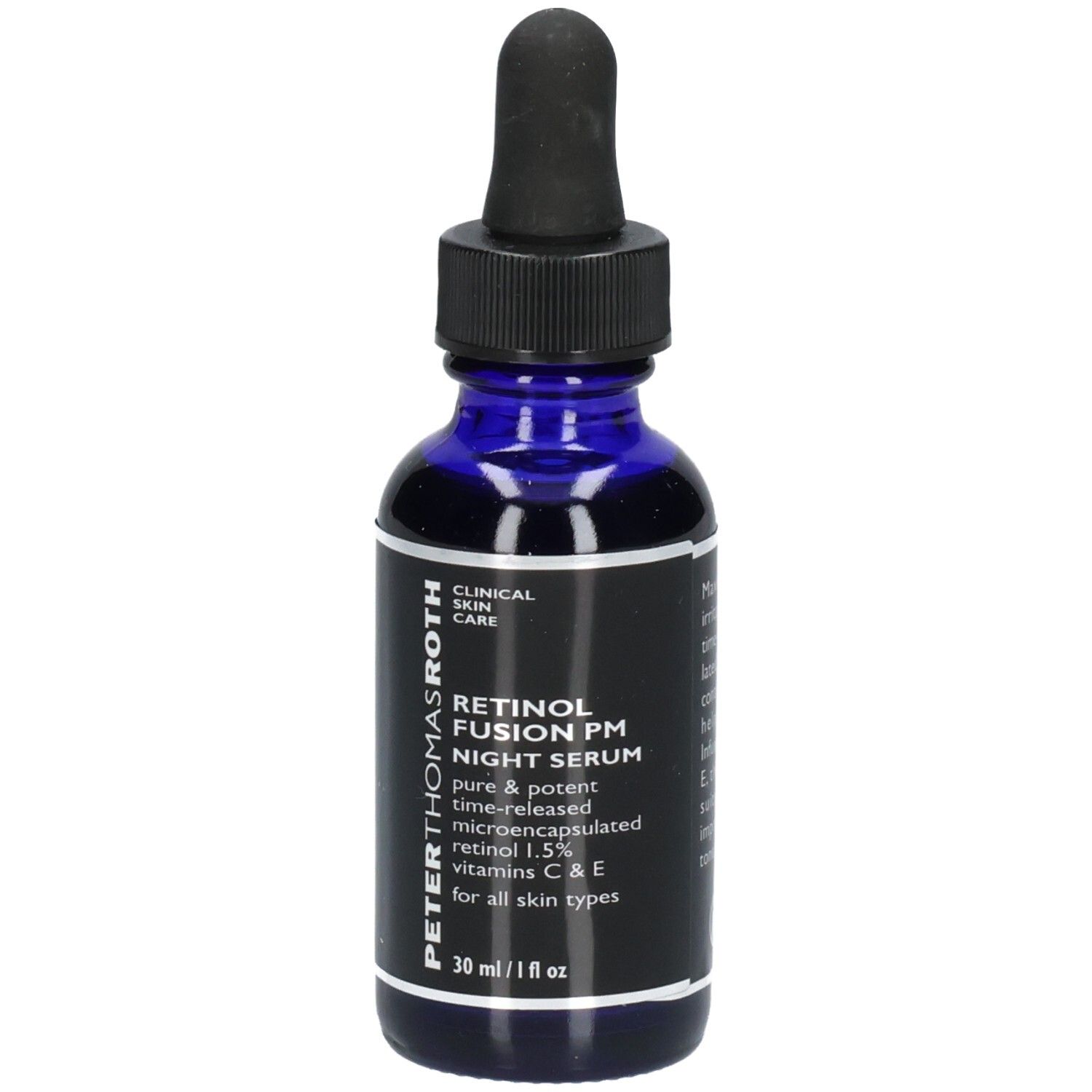 Peter Thomas Roth Retinol Fusion PM Nachtserum in blauwe glazen fles met druppelaar. Bevat 1.5% retinol.