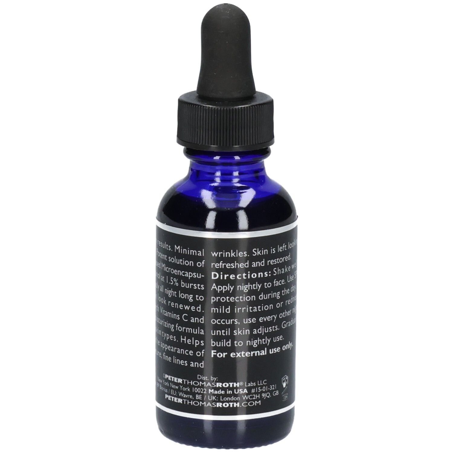 Peter Thomas Roth Retinol Fusion PM Nachtserum fles met gedetailleerde gebruiksinstructies en productinformatie.