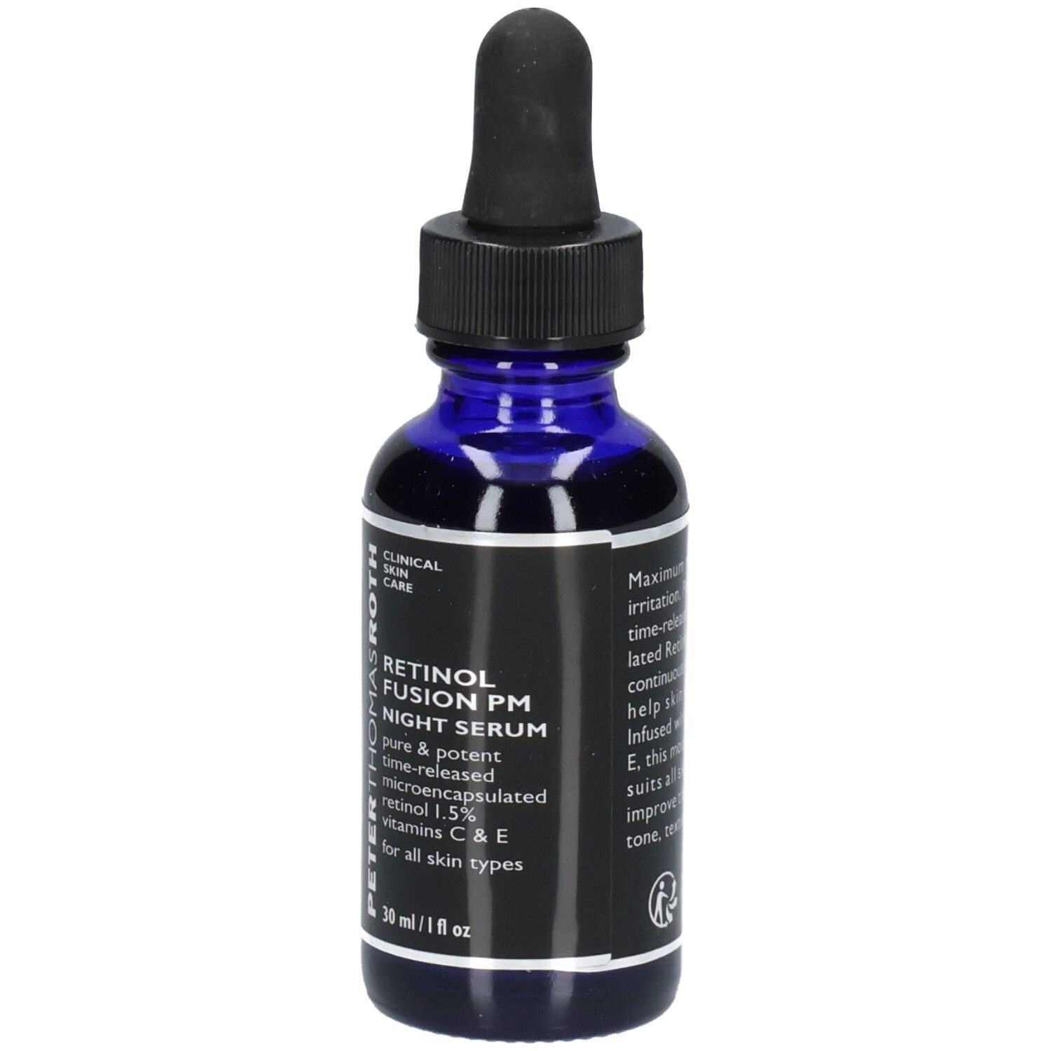 Peter Thomas Roth Retinol Fusion PM Nachtserum in blauwe glazen fles met druppelaar, 30 ml / 1 fl oz.
