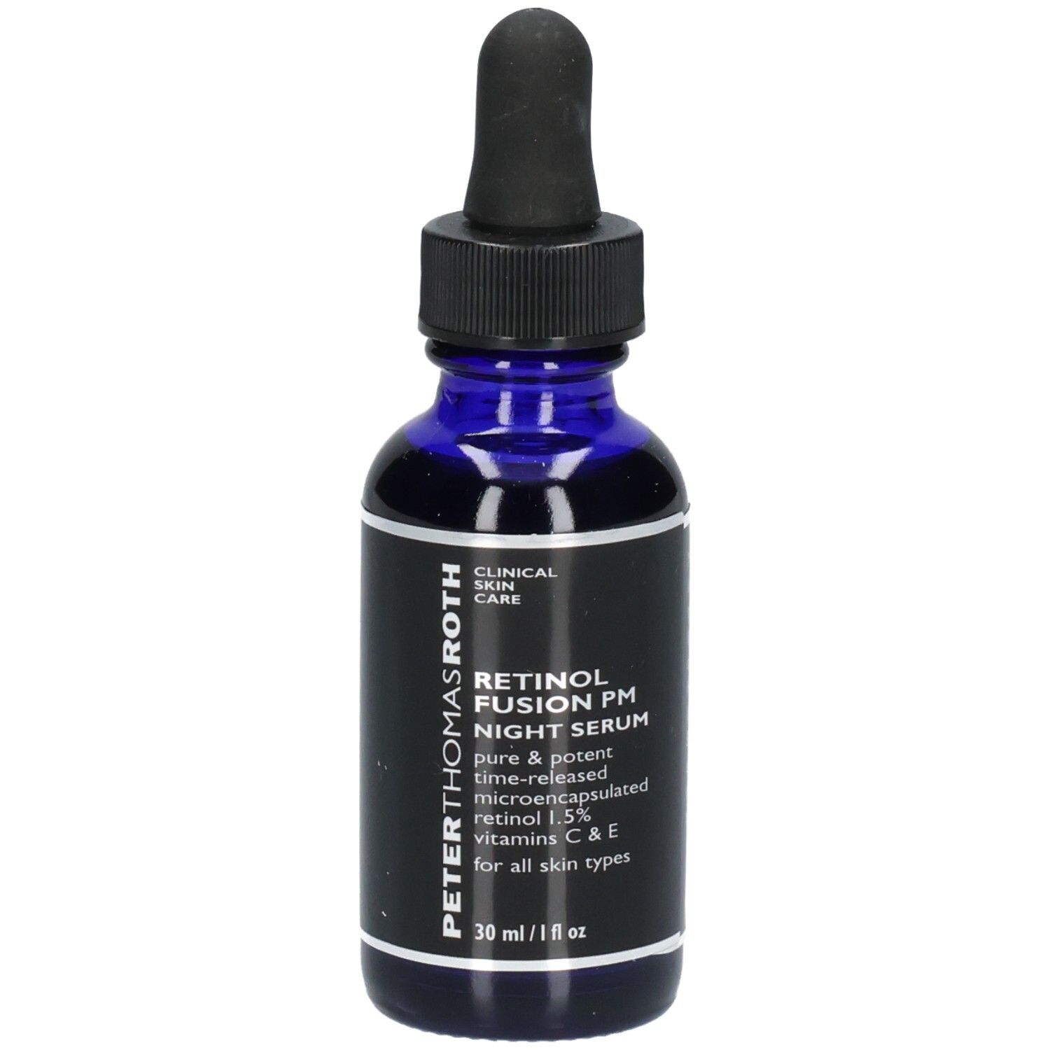 Peter Thomas Roth Retinol Fusion PM Nachtserum in blauwe glazen fles met druppelaar, 30 ml / 1 fl oz.