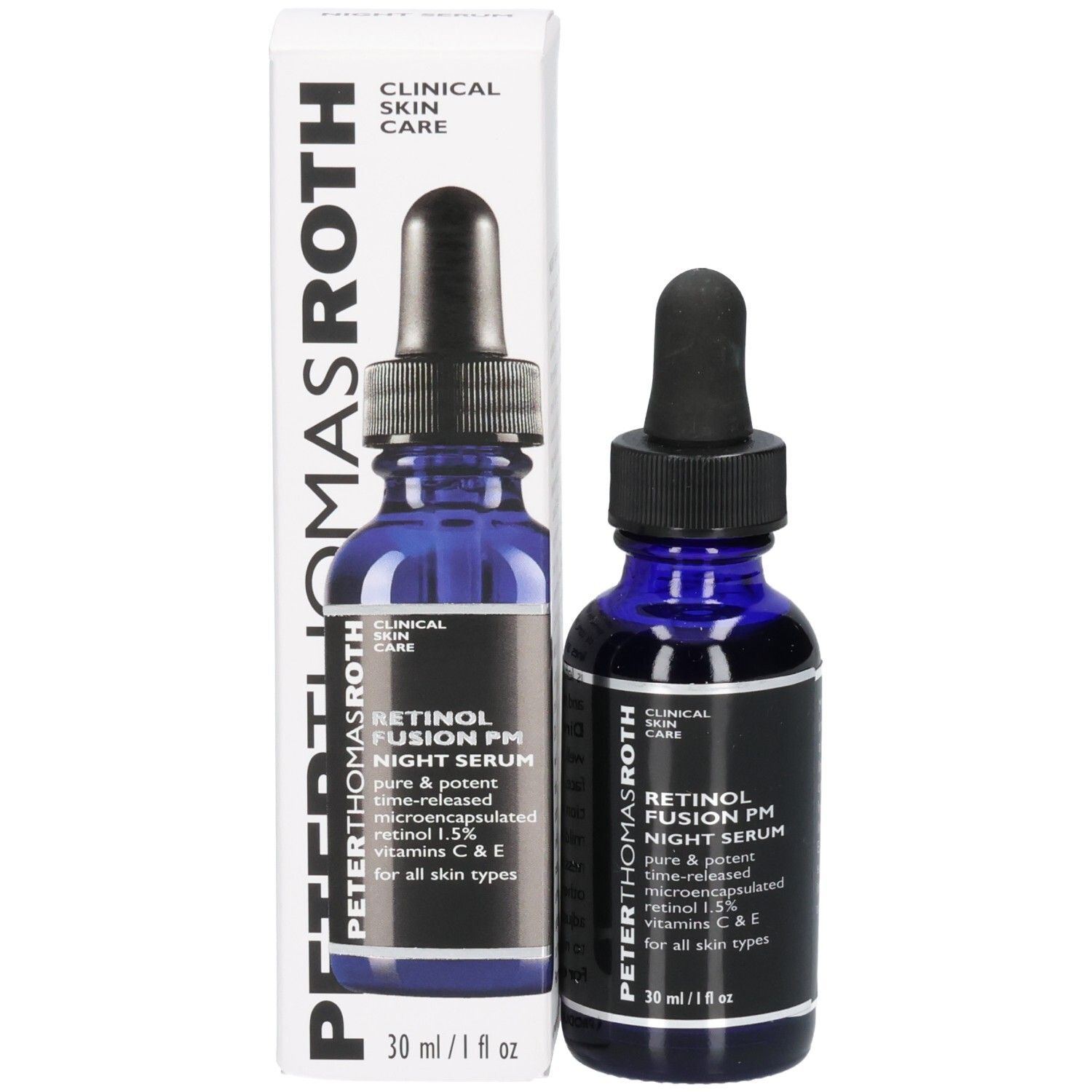 Peter Thomas Roth Retinol Fusion PM Nachtserum fles en verpakkingsdoos, 30 ml / 1 fl oz.