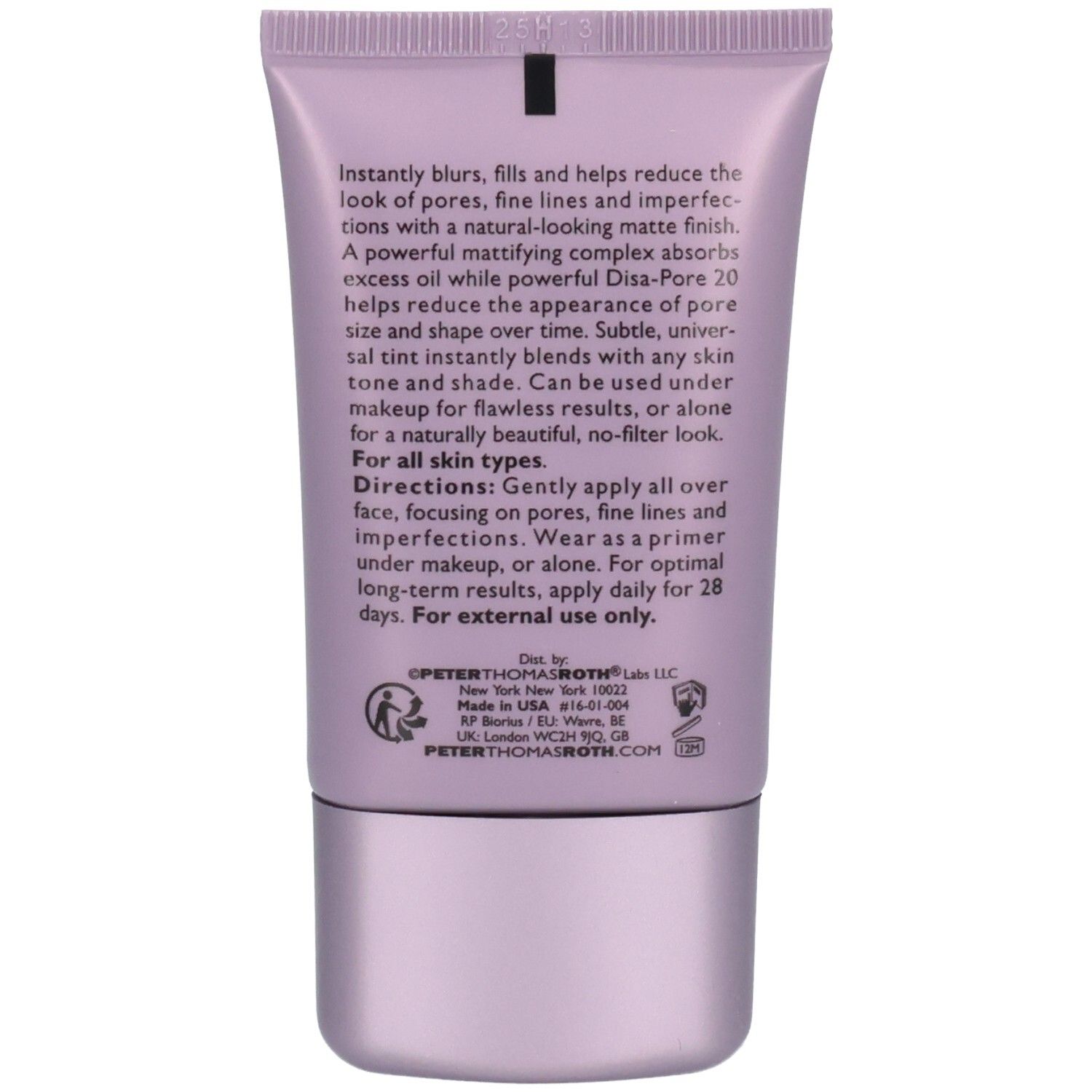 Arrière du tube Peter Thomas Roth Skin To Die For Mattifying Primer avec informations produit.