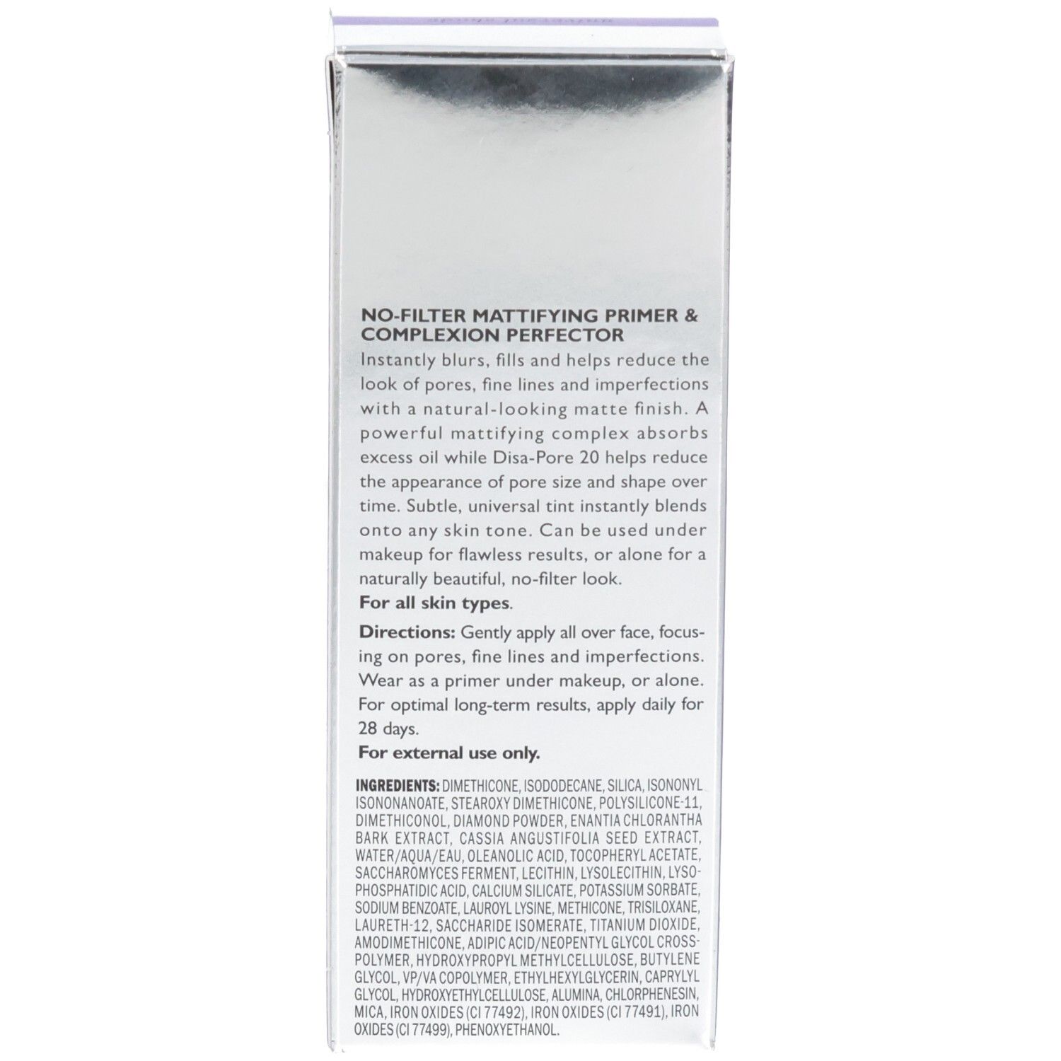 Arrière de l'emballage Peter Thomas Roth Skin To Die For Mattifying Primer avec informations produit.