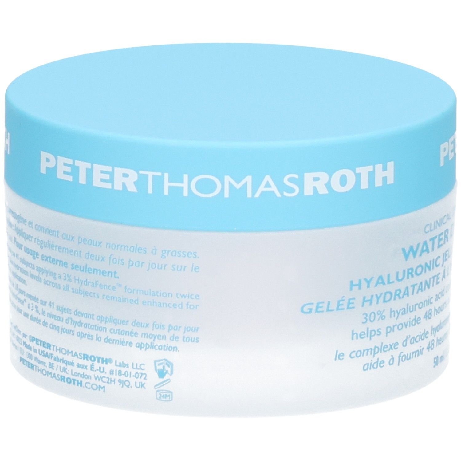 Peter Thomas Roth Water Drench Hyaluronic Jelly Moisturizer, 50ml pot met blauwe dop, achterkant met tekst.