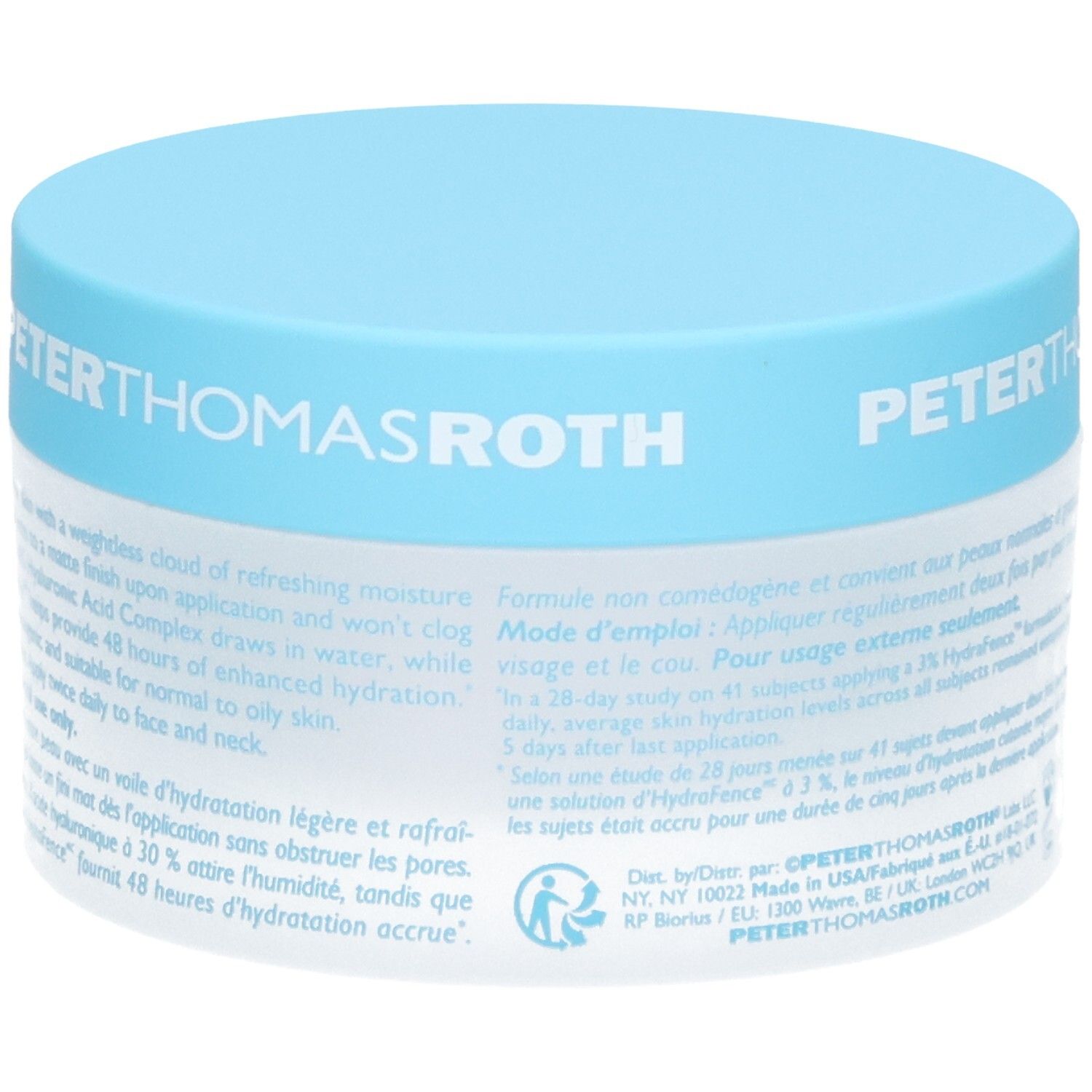 Peter Thomas Roth Water Drench Hyaluronic Jelly Moisturizer, 50ml pot met blauwe dop, zijaanzicht met tekst.
