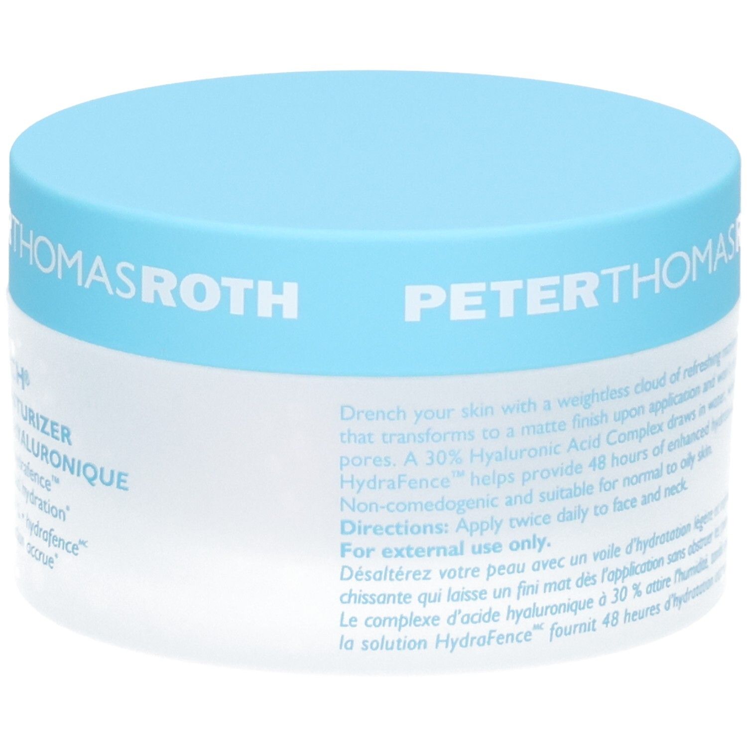 Peter Thomas Roth Water Drench Hyaluronic Jelly Moisturizer, 50ml pot met blauwe dop, voorkant met tekst.