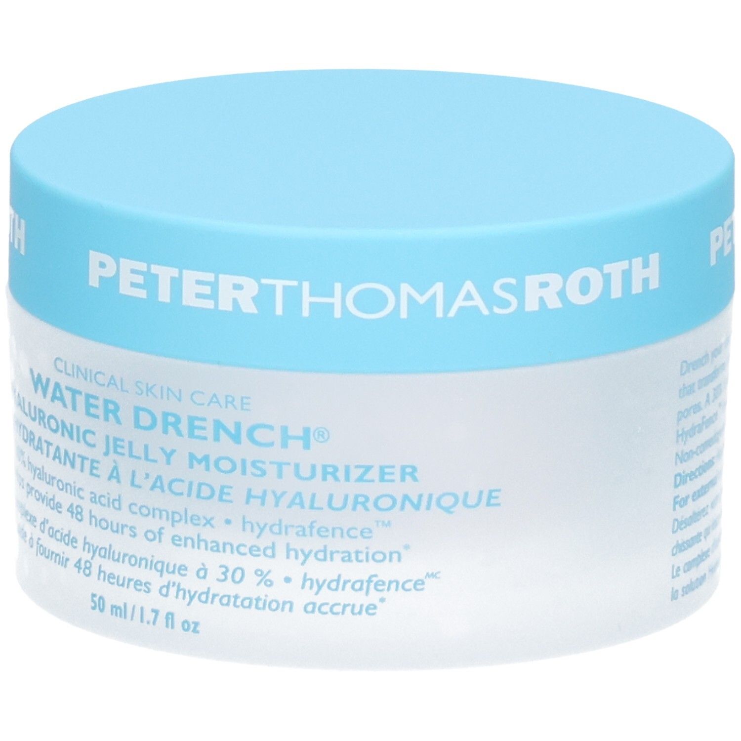 Peter Thomas Roth Water Drench Hyaluronic Jelly Moisturizer, 50ml pot met blauwe dop, voorkant met tekst.