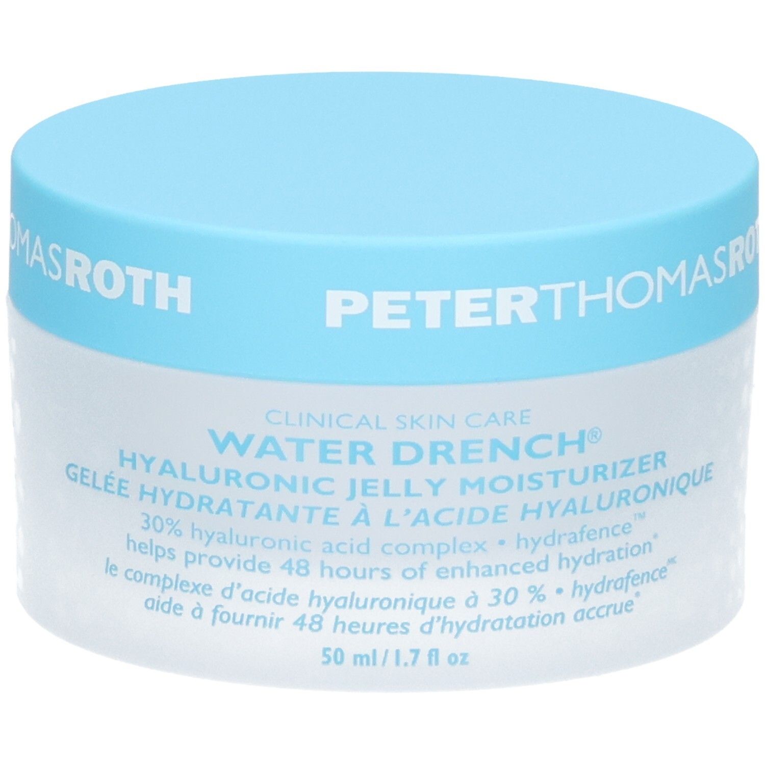 Peter Thomas Roth Water Drench Hyaluronic Jelly Moisturizer, 50ml pot met blauwe dop, voorkant met tekst.