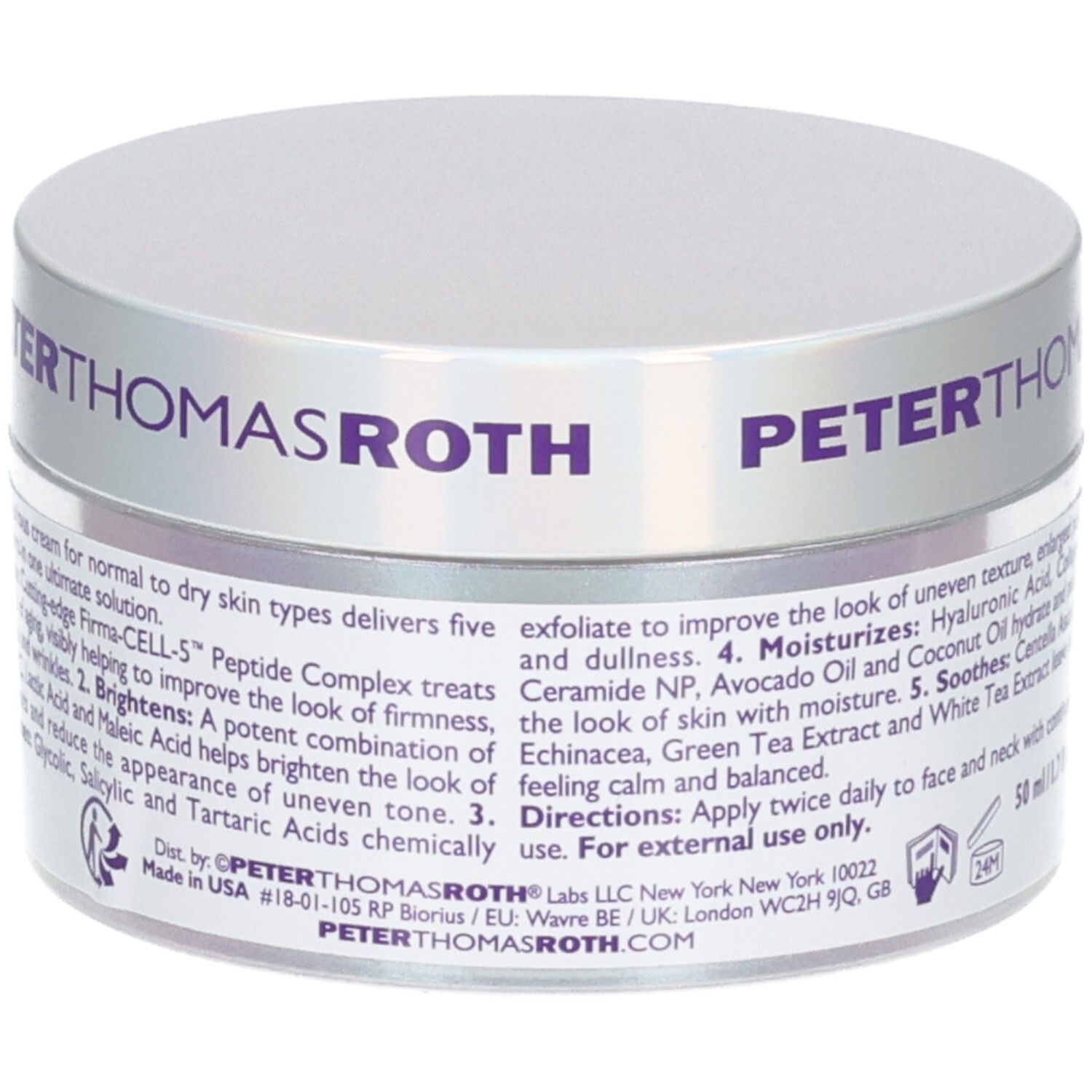 Arrière du pot Peter Thomas Roth : informations sur les ingrédients et l'utilisation.