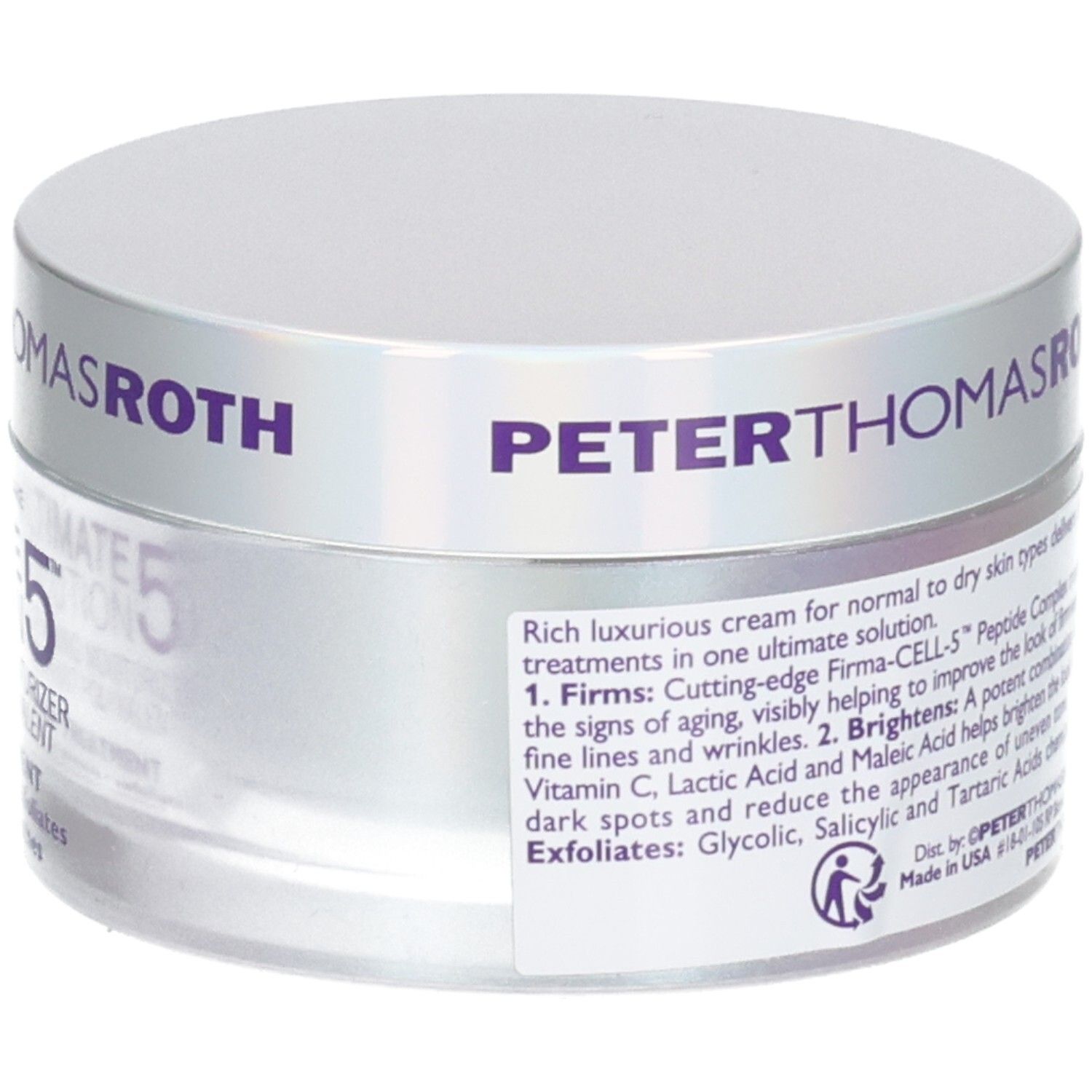 Pot Peter Thomas Roth avec étiquette décrivant les avantages du hydratant Ultimate Solution 5.