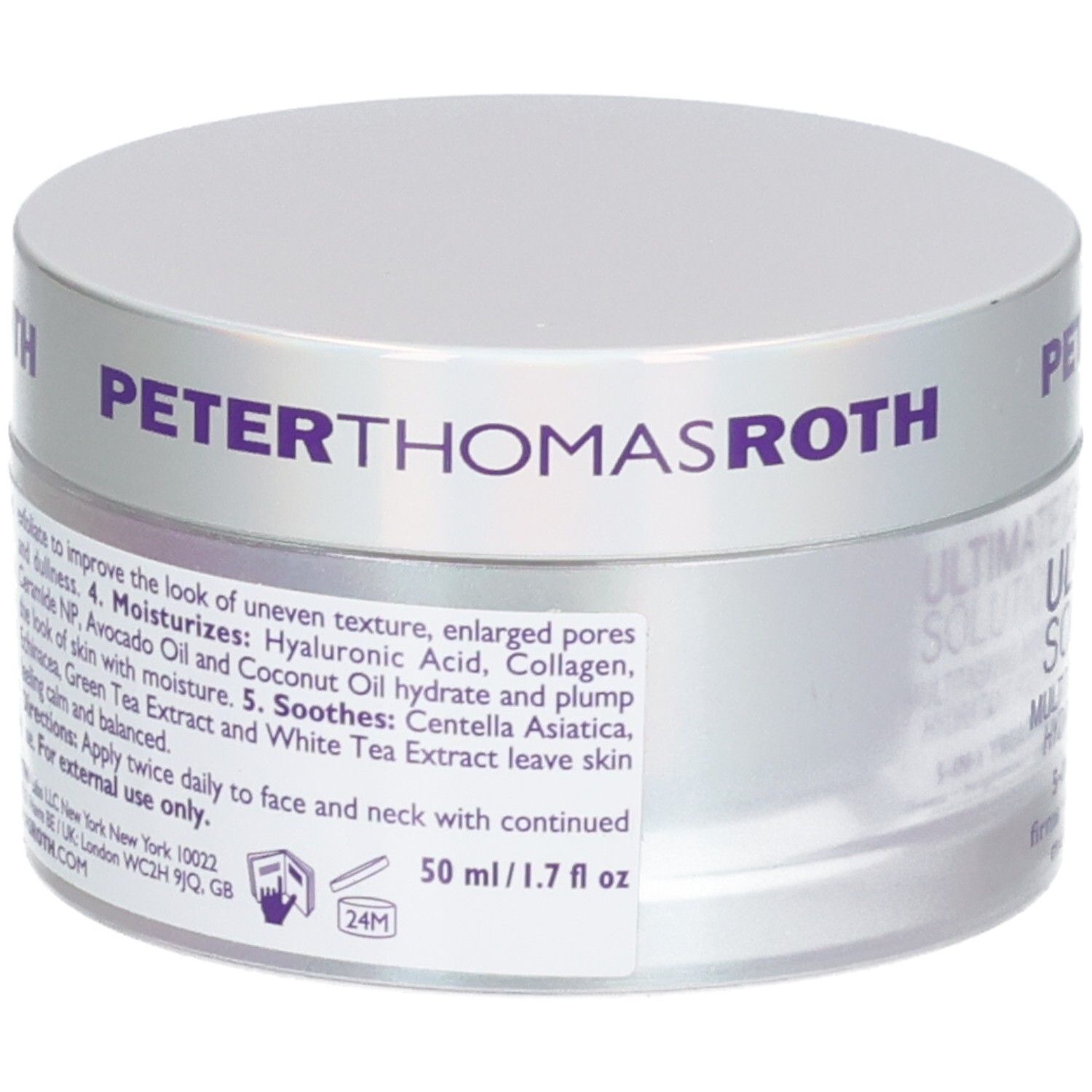 Pot Peter Thomas Roth avec étiquette décrivant les avantages du hydratant Ultimate Solution 5.