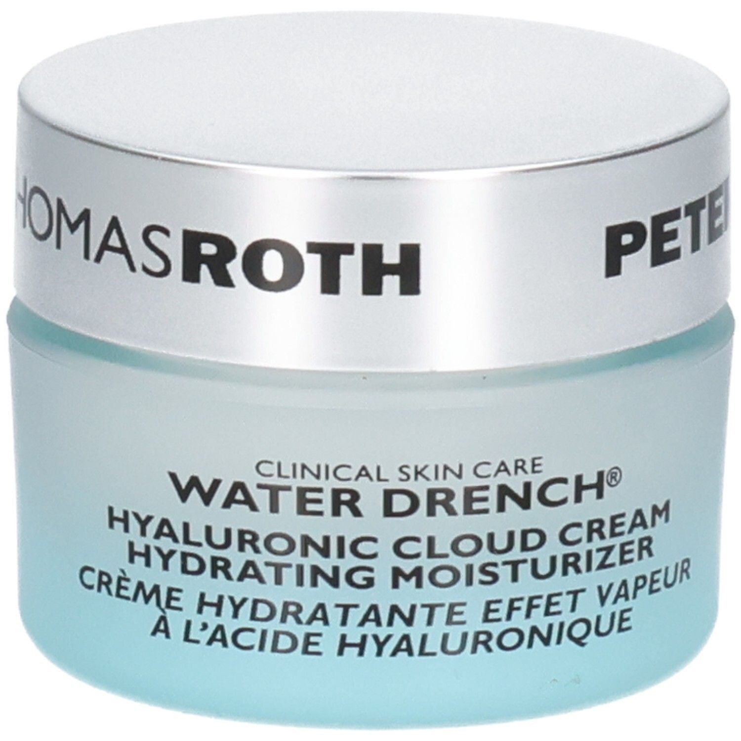 Crème hydratante Peter Thomas Roth Water Drench Hyaluronic Cloud Cream, pot en verre avec couvercle argenté.