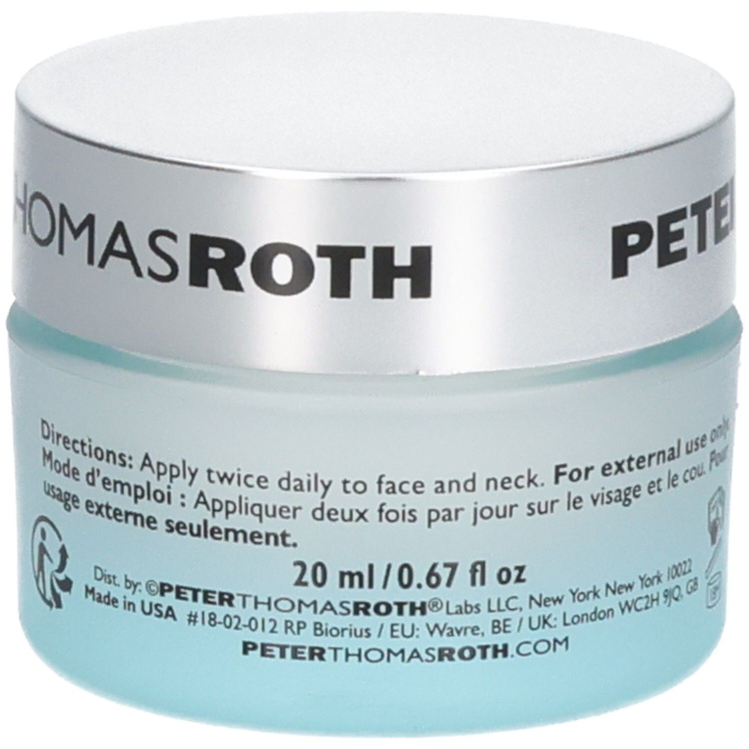 Crème hydratante Peter Thomas Roth Water Drench Hyaluronic Cloud Cream, 20 ml, avec instructions d'utilisation.