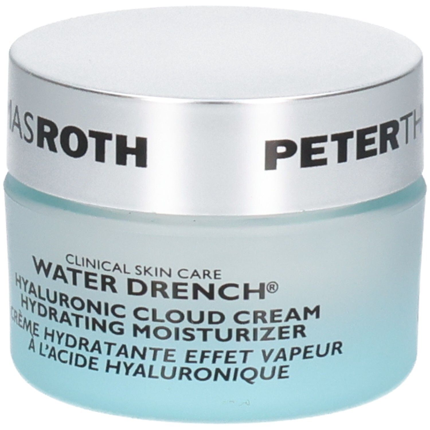 Crème hydratante Peter Thomas Roth Water Drench Hyaluronic Cloud Cream, pot en verre avec couvercle argenté.
