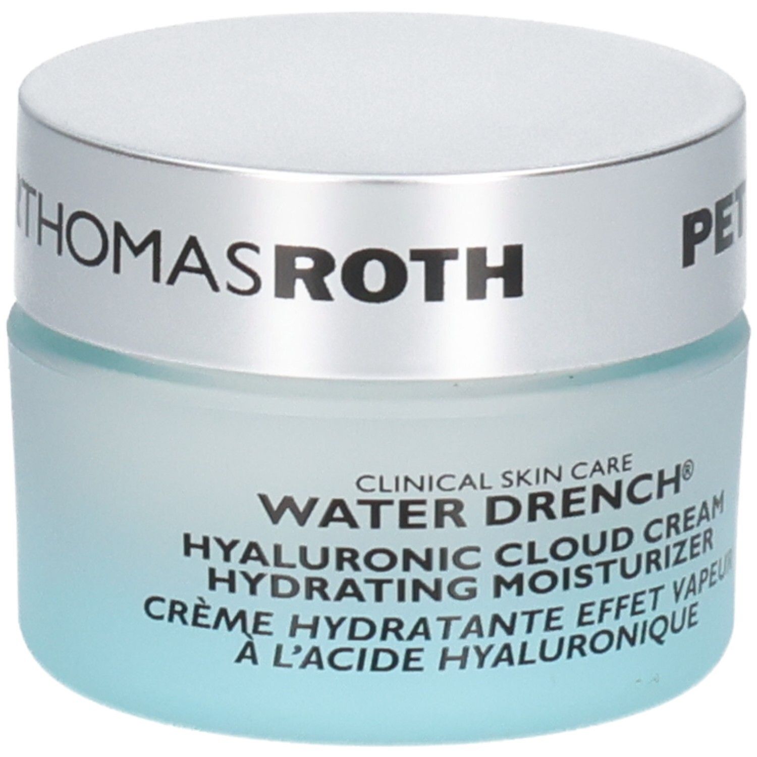 Crème hydratante Peter Thomas Roth Water Drench Hyaluronic Cloud Cream, pot en verre avec couvercle argenté.