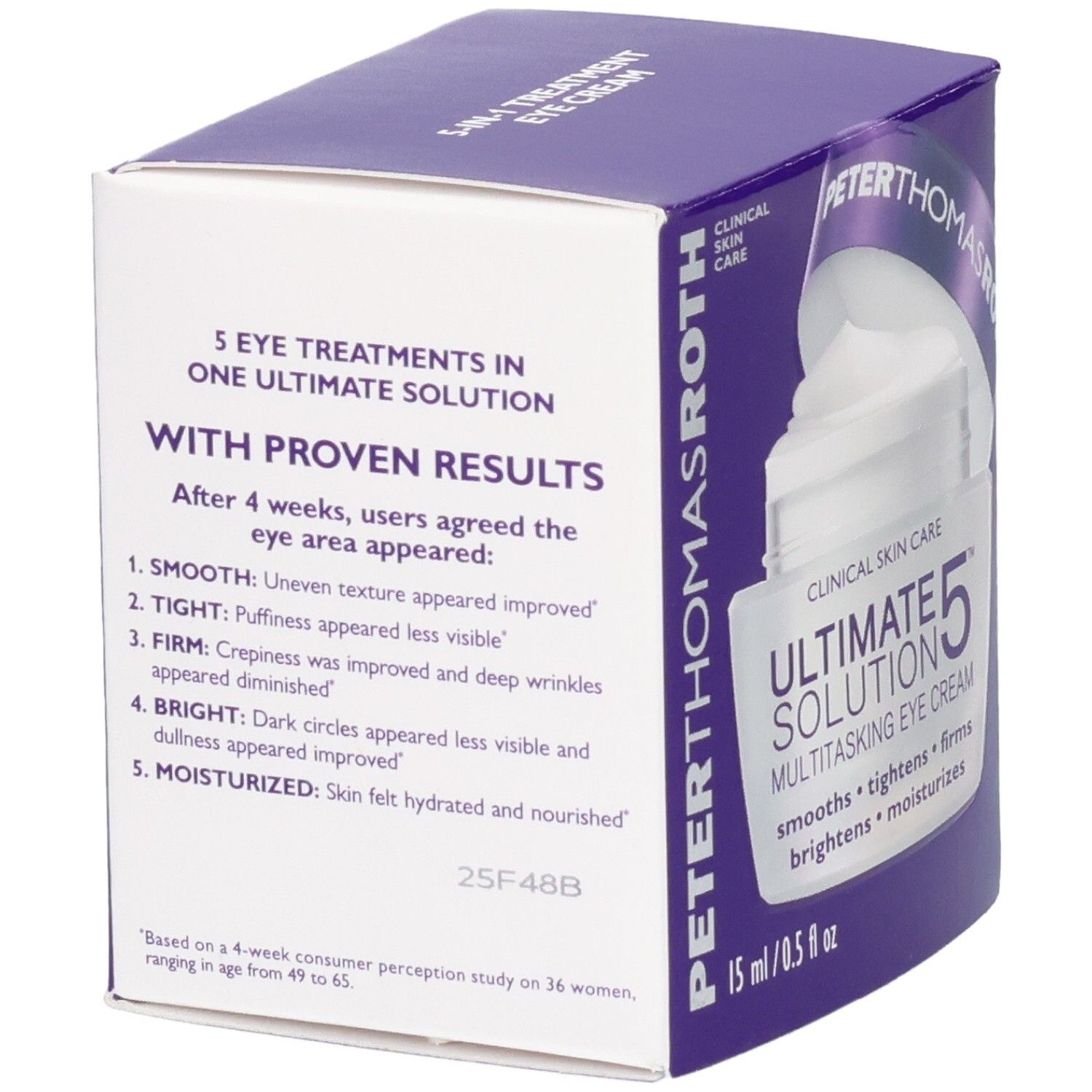 Arrière de l'emballage de la crème contour des yeux Peter Thomas Roth Ultimate Solution 5 avec résultats d'application.