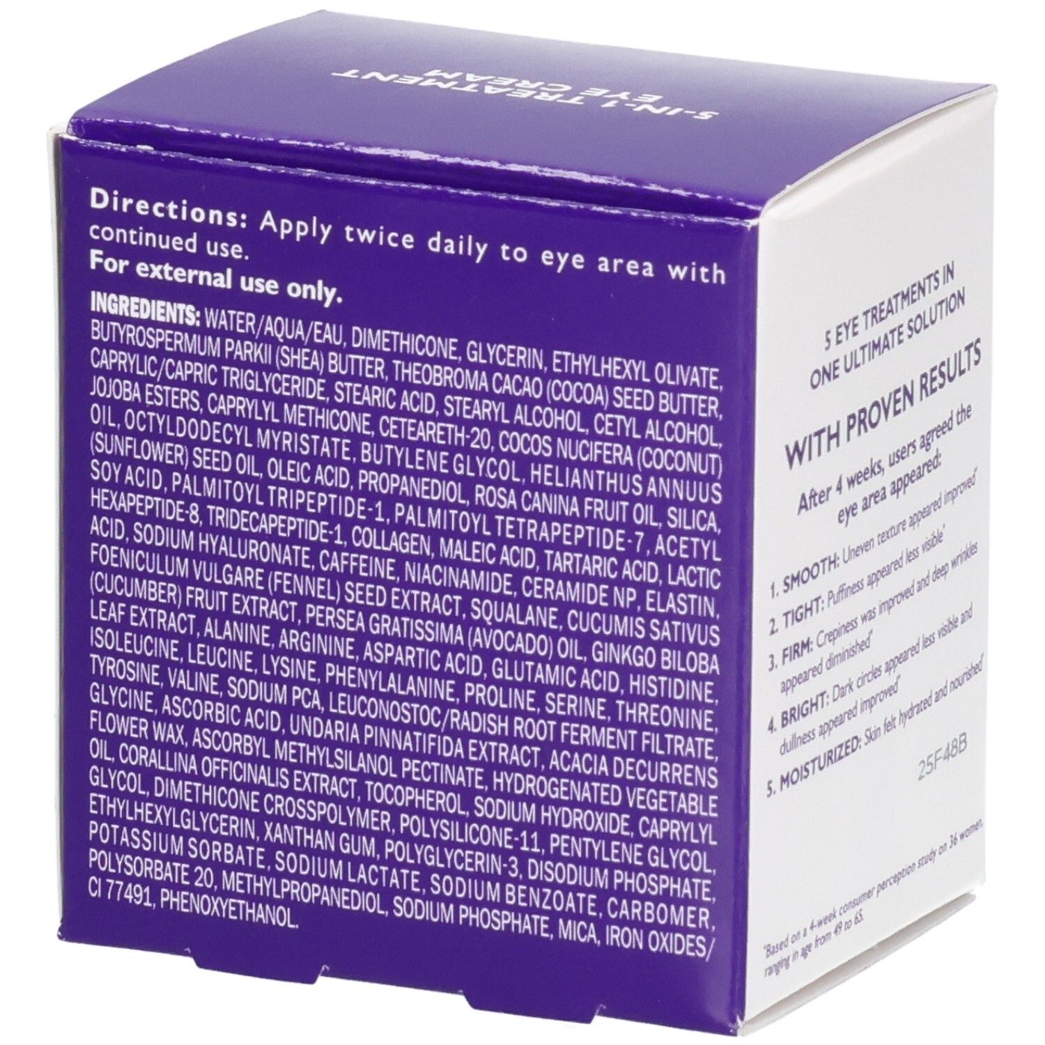 Vue latérale de l'emballage de la crème contour des yeux Peter Thomas Roth Ultimate Solution 5 avec ingrédients.