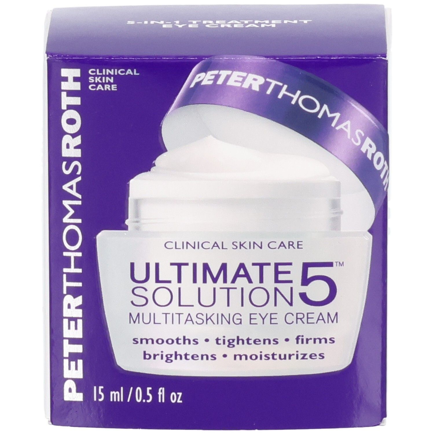 Crème contour des yeux Peter Thomas Roth Ultimate Solution 5 ouverte, avec emballage violet.
