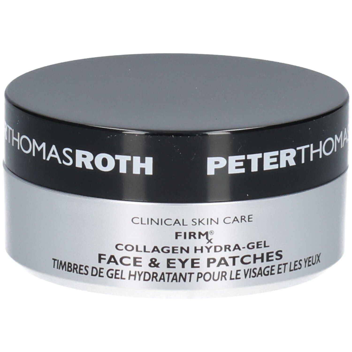 Peter Thomas Roth FIRMx Collagen Hydra-Gel Gezichts- en Oogpads in een zilveren en zwarte pot.