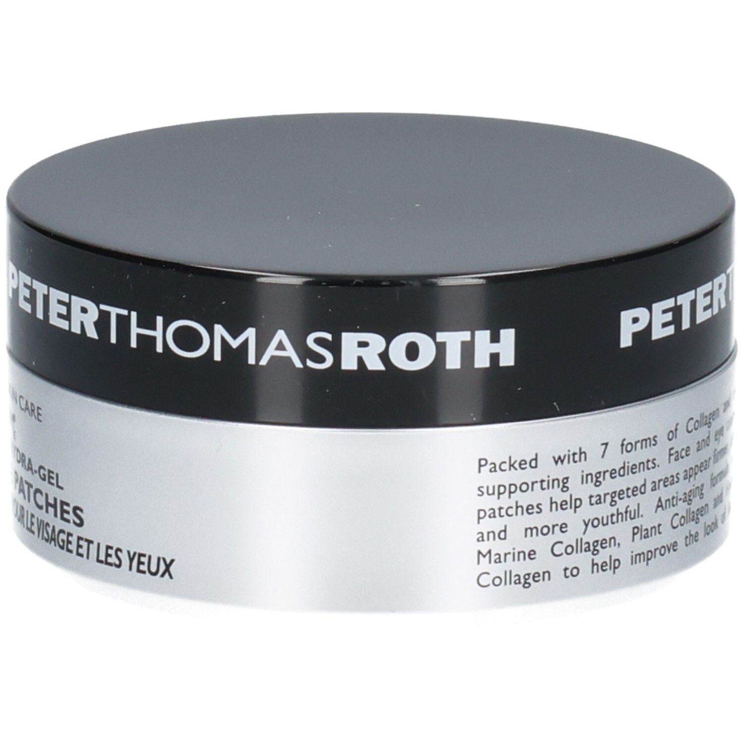 Peter Thomas Roth FIRMx Collagen Hydra-Gel Gezichts- en Oogpads: productbeschrijving in het Engels en Frans.