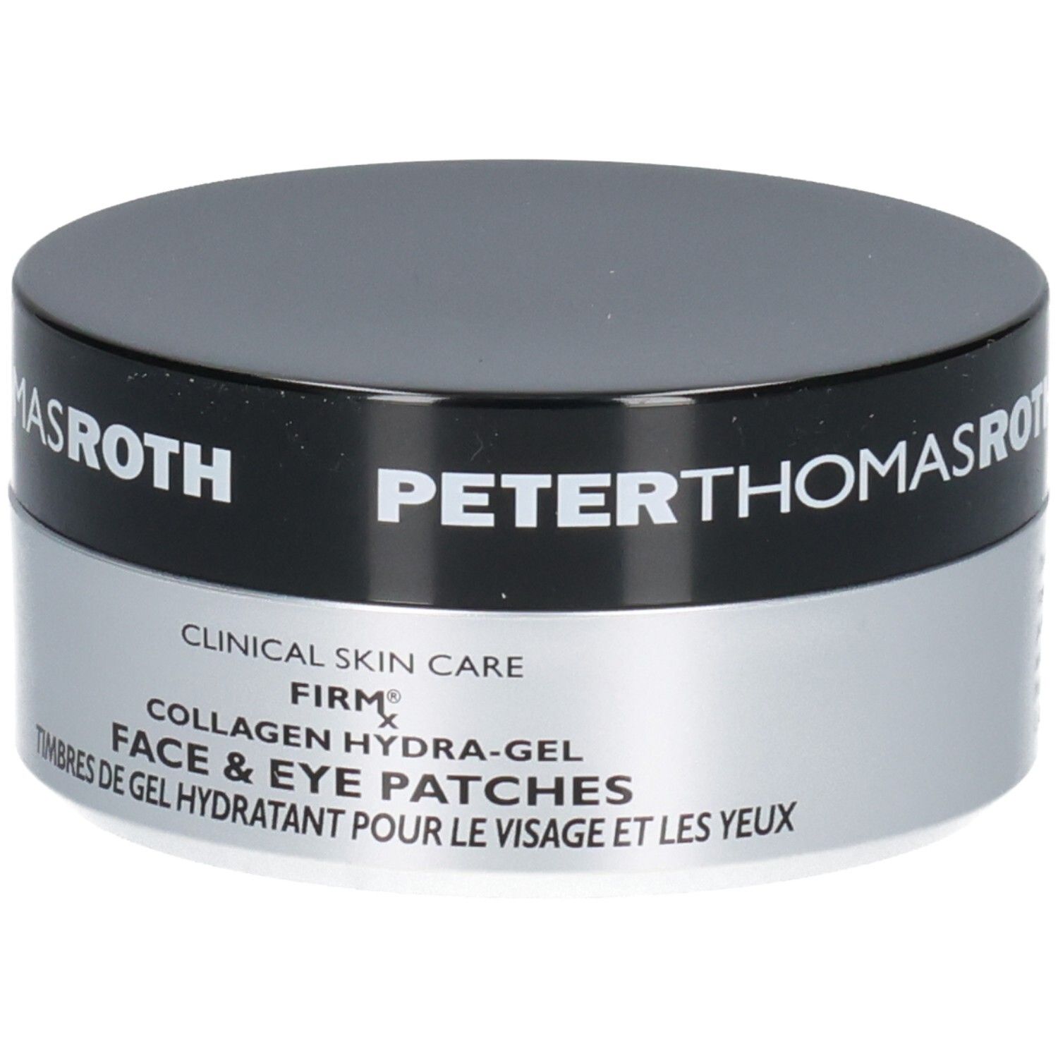 Peter Thomas Roth FIRMx Collagen Hydra-Gel Gezichts- en Oogpads: productbeschrijving in het Engels en Frans.