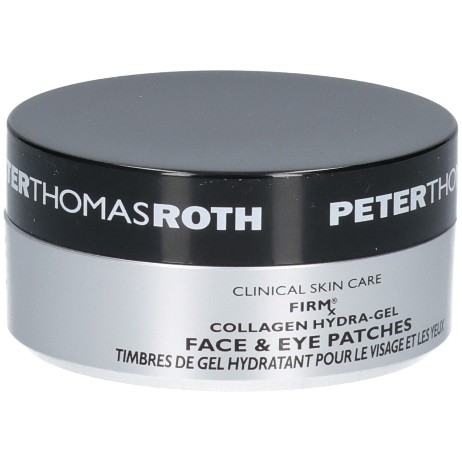 Peter Thomas Roth FIRMx Collagen Hydra-Gel Gezichts- en Oogpads: productbeschrijving in het Engels en Frans.