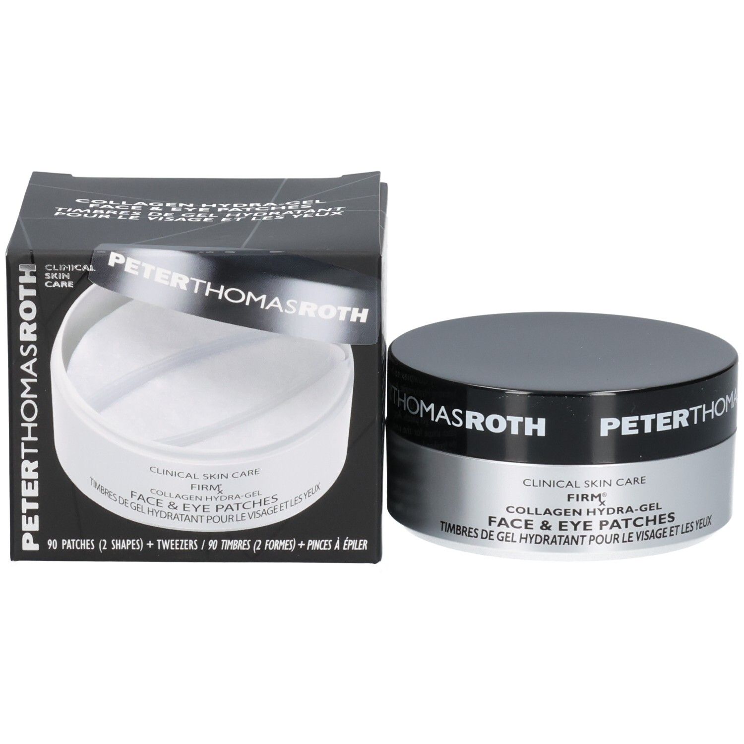 Peter Thomas Roth FIRMx Collagen Hydra-Gel Gezichts- en Oogpads: productbeschrijving in het Engels en Frans.