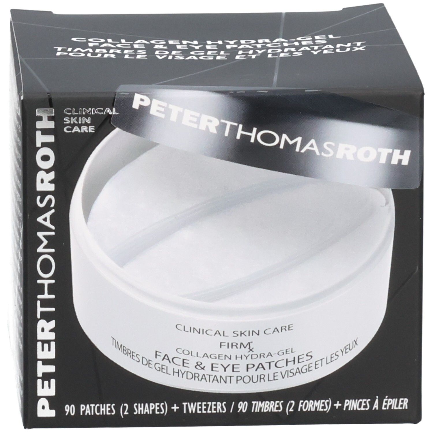 Peter Thomas Roth FIRMx Collagen Hydra-Gel Gezichts- en Oogpads: verpakking met 90 pads en pincet.