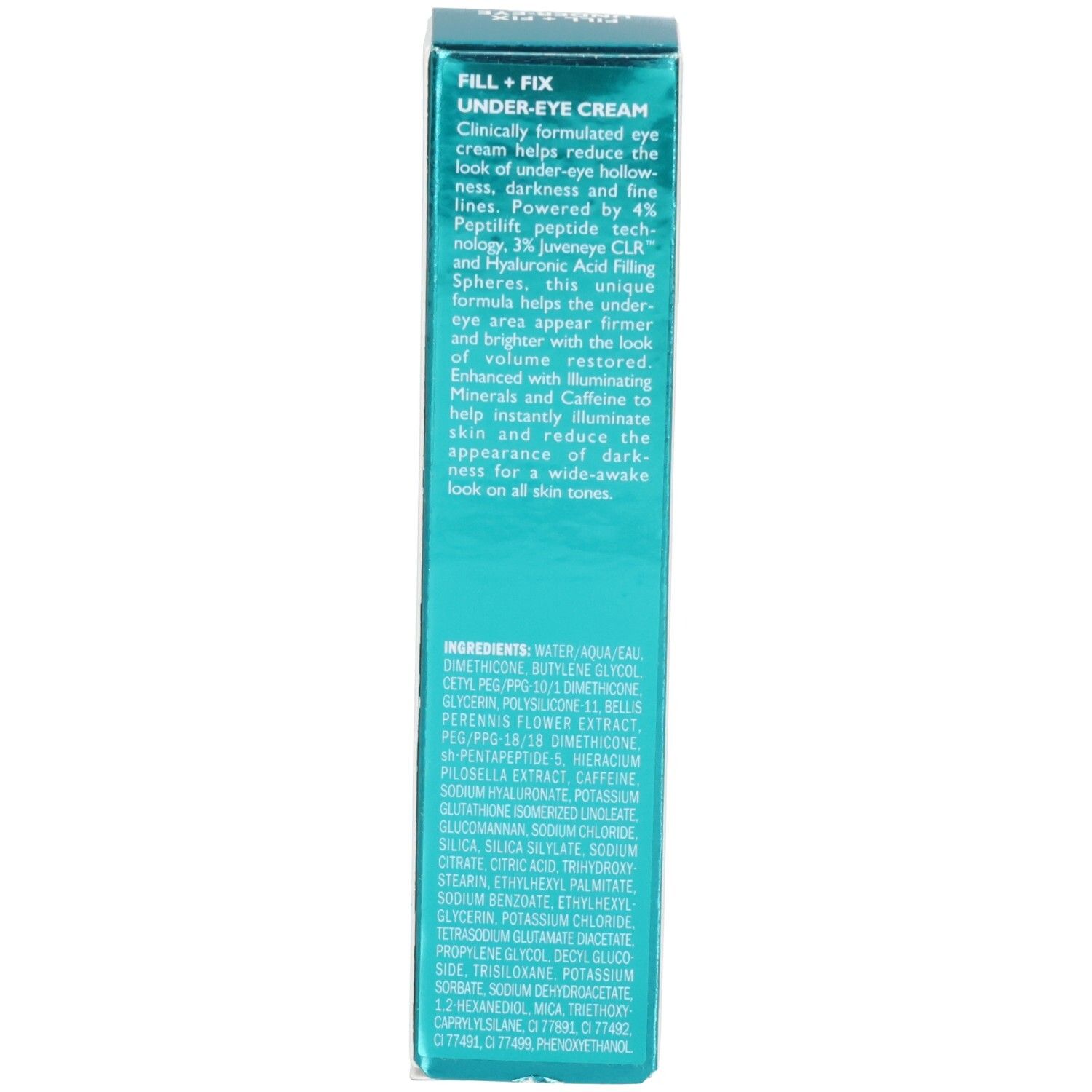 Achterkant van de Peter Thomas Roth Peptide Skinjection Fill + Fix Oogcrème verpakking met productomschrijving en ingrediënten.
