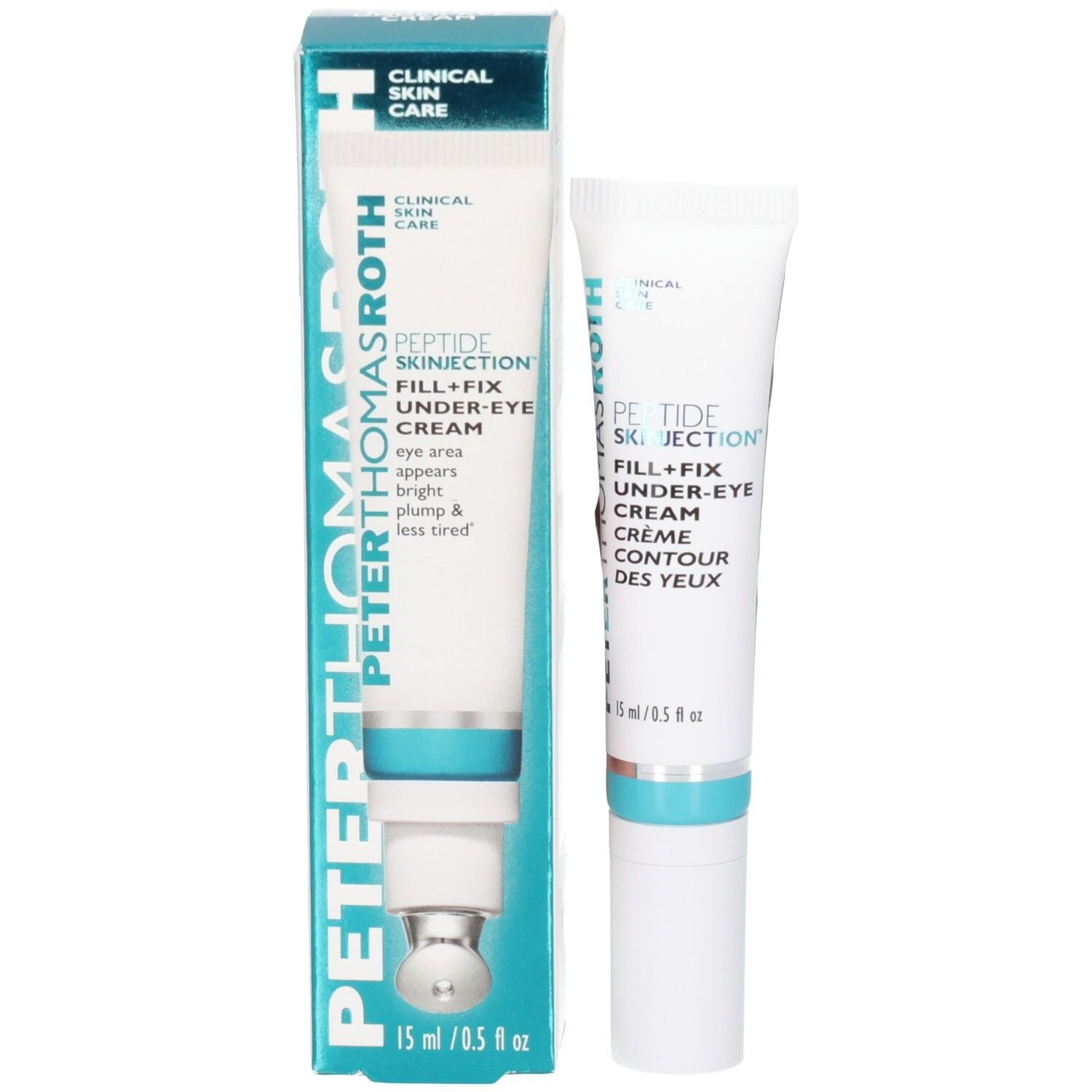 Peter Thomas Roth Peptide Skinjection Fill + Fix Oogcrème, tube en doosje naast elkaar, op witte achtergrond.