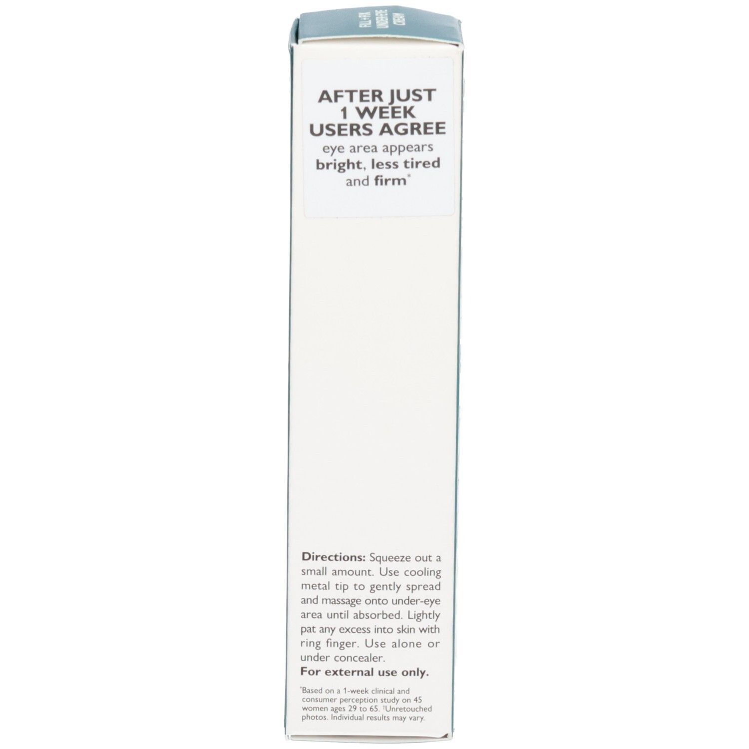 Zijkant van de Peter Thomas Roth Peptide Skinjection Fill + Fix Oogcrème verpakking met gebruiksinstructies en gebruikerservaringen.