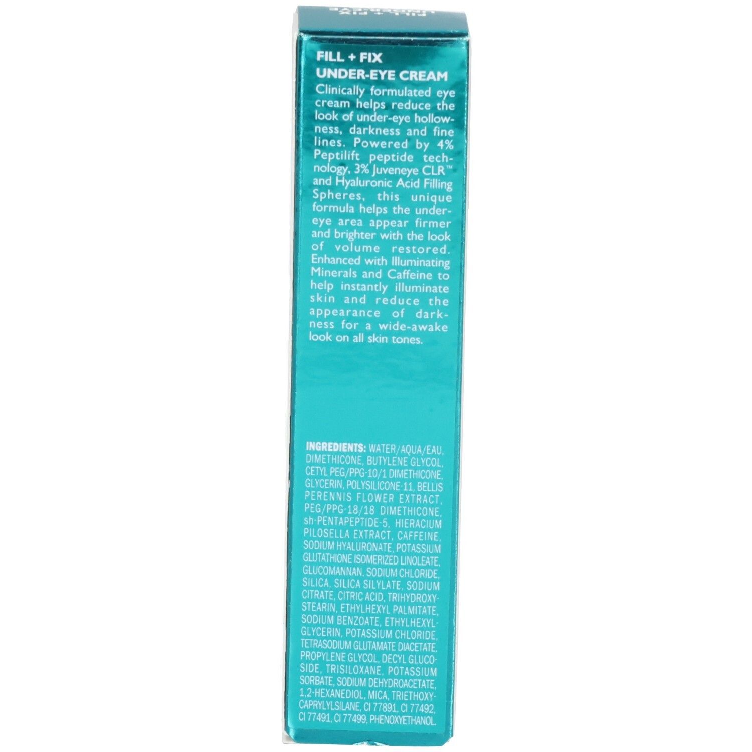 Achterkant van de Peter Thomas Roth Peptide Skinjection Fill + Fix Oogcrème verpakking met productomschrijving en ingrediënten.