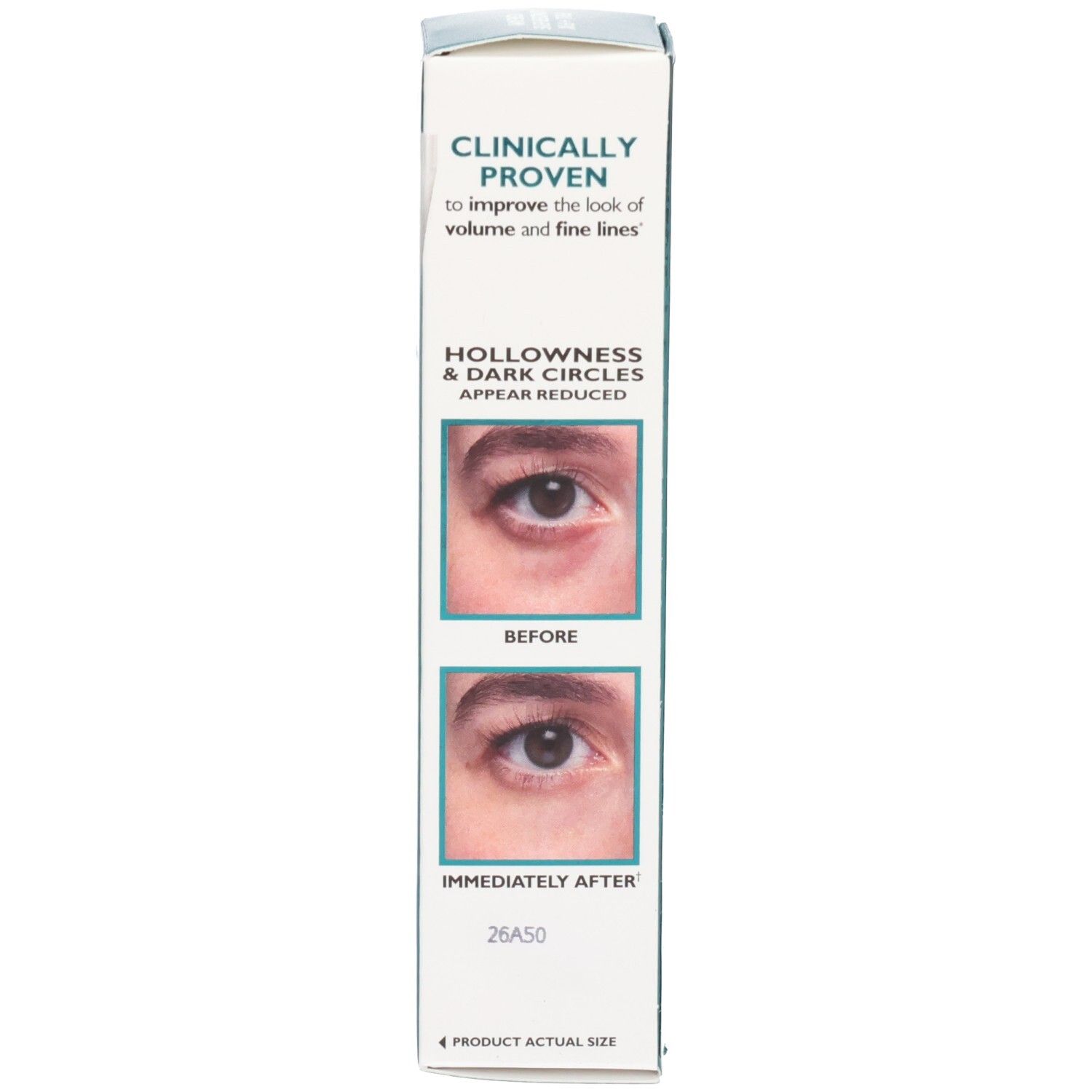 Zijkant van de Peter Thomas Roth Peptide Skinjection Fill + Fix Oogcrème verpakking met klinisch bewezen resultaten voor donkere kringen.