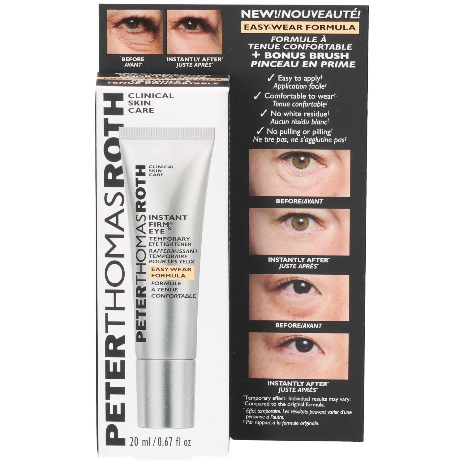 Tube Peter Thomas Roth Instant FIRMx Eye et emballage. Montre des images avant/après de la zone des yeux.