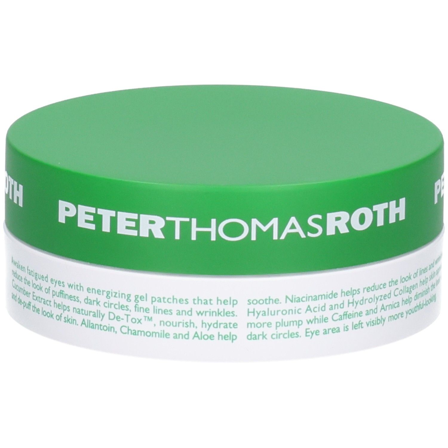 Peter Thomas Roth Cucumber De-Tox Hydra-Gel Eye Patches, zijkant met ingrediënten.