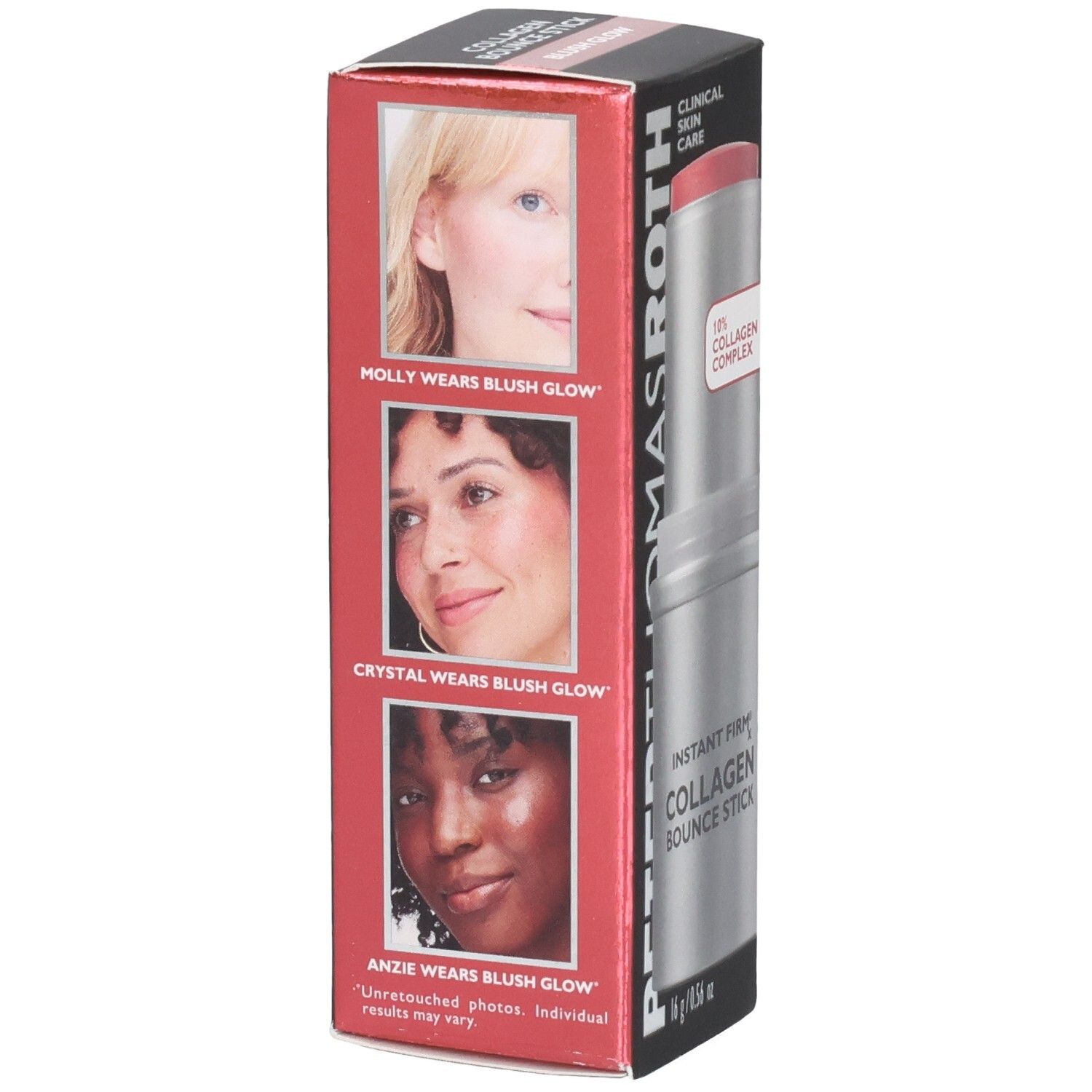 Bâtonnet Peter Thomas Roth Instant FirmX Collagen Bounce Stick, Blush Glow. Boîte montrant trois femmes.