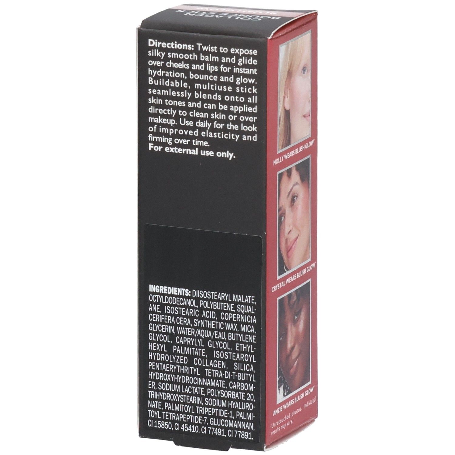 Arrière de la boîte Peter Thomas Roth Instant FirmX Collagen Bounce Stick avec instructions et ingrédients.