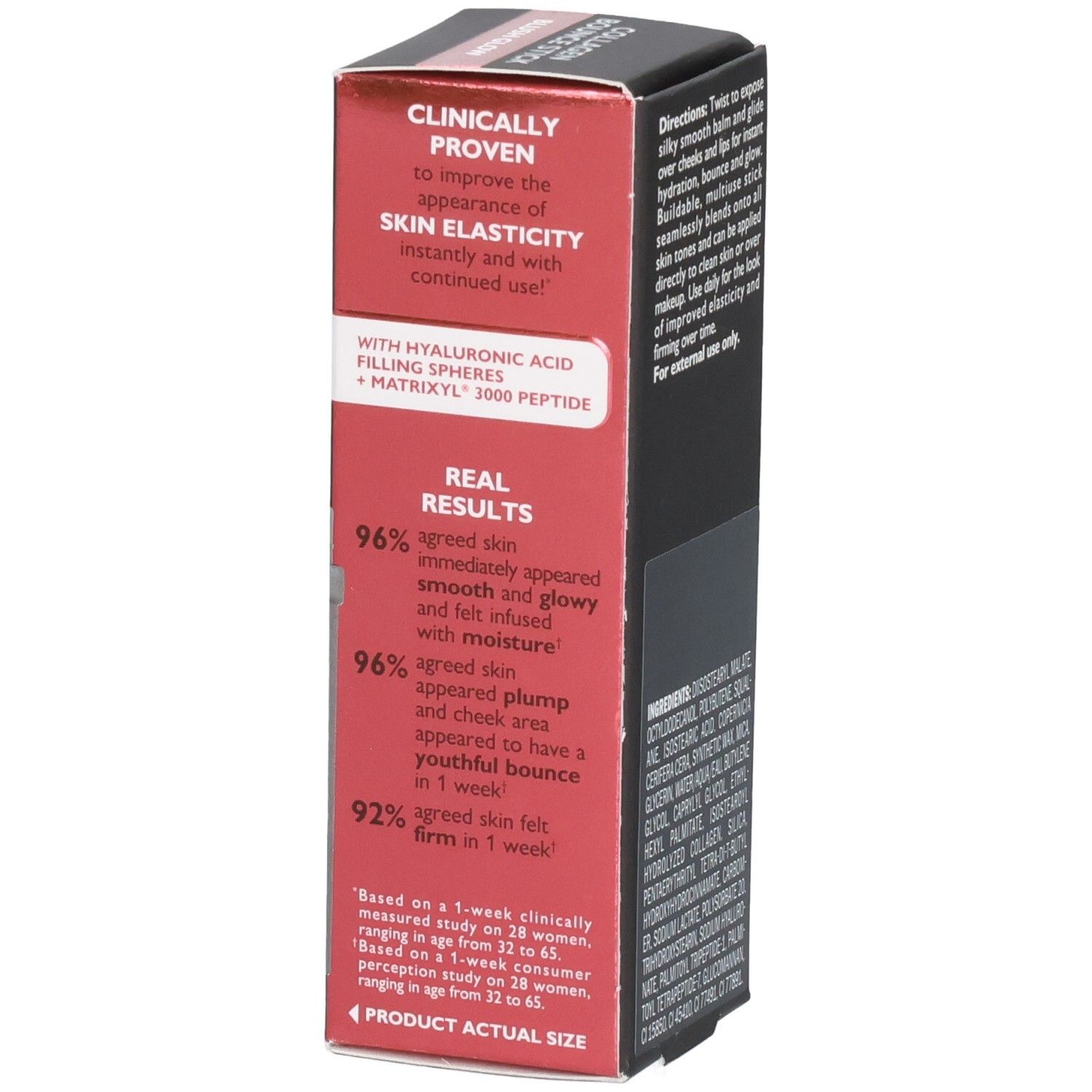 Bâtonnet Peter Thomas Roth Instant FirmX Collagen Bounce Stick, Blush Glow. Boîte avec résultats cliniques.