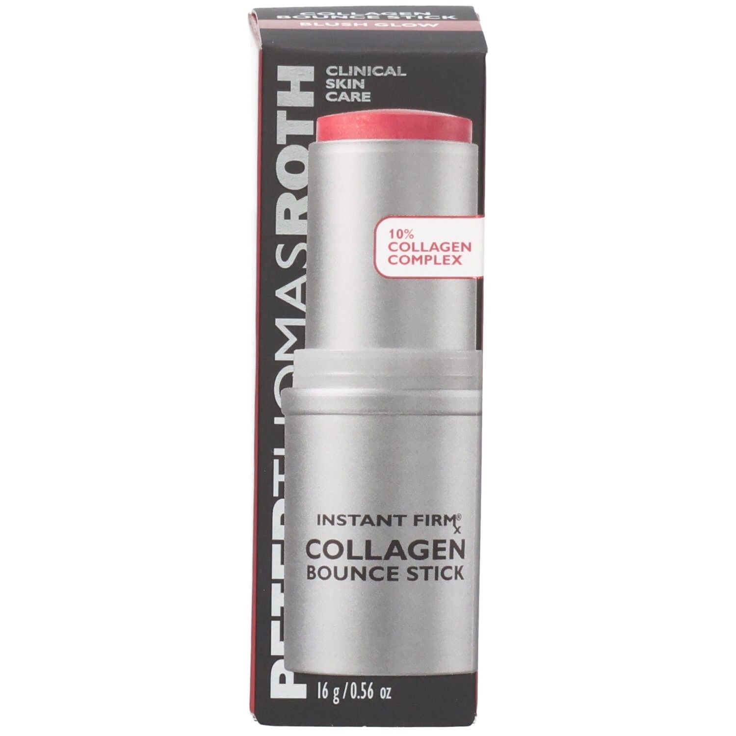 Bâtonnet Peter Thomas Roth Instant FirmX Collagen Bounce Stick, Blush Glow. Emballage ouvert montrant le bâtonnet.