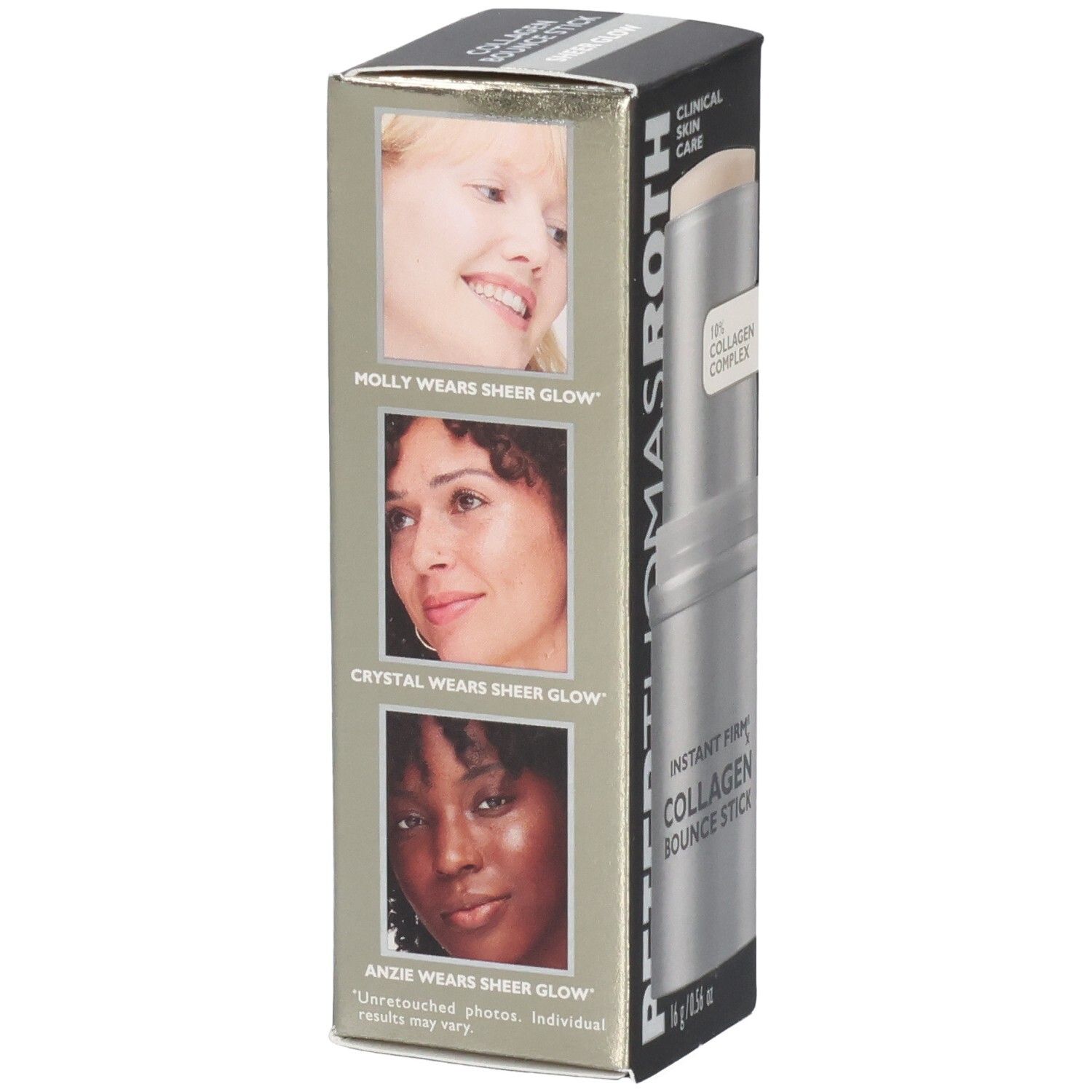 Peter Thomas Roth Instant FirmX Collagen Bounce Stick verpakking met drie vrouwenportretten.