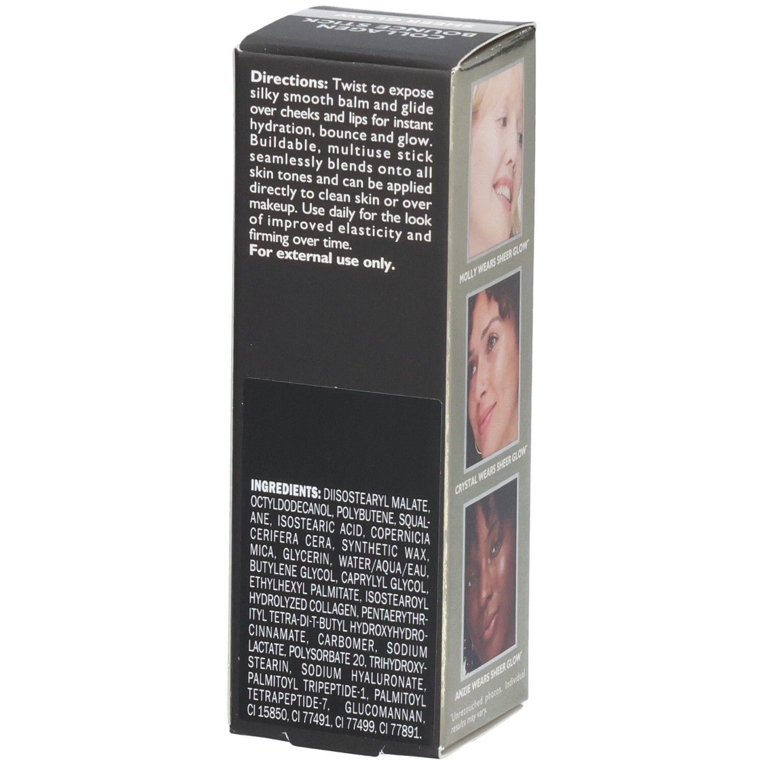 Achterkant van de Peter Thomas Roth Instant FirmX Collagen Bounce Stick verpakking met gebruiksinstructies en ingrediënten.