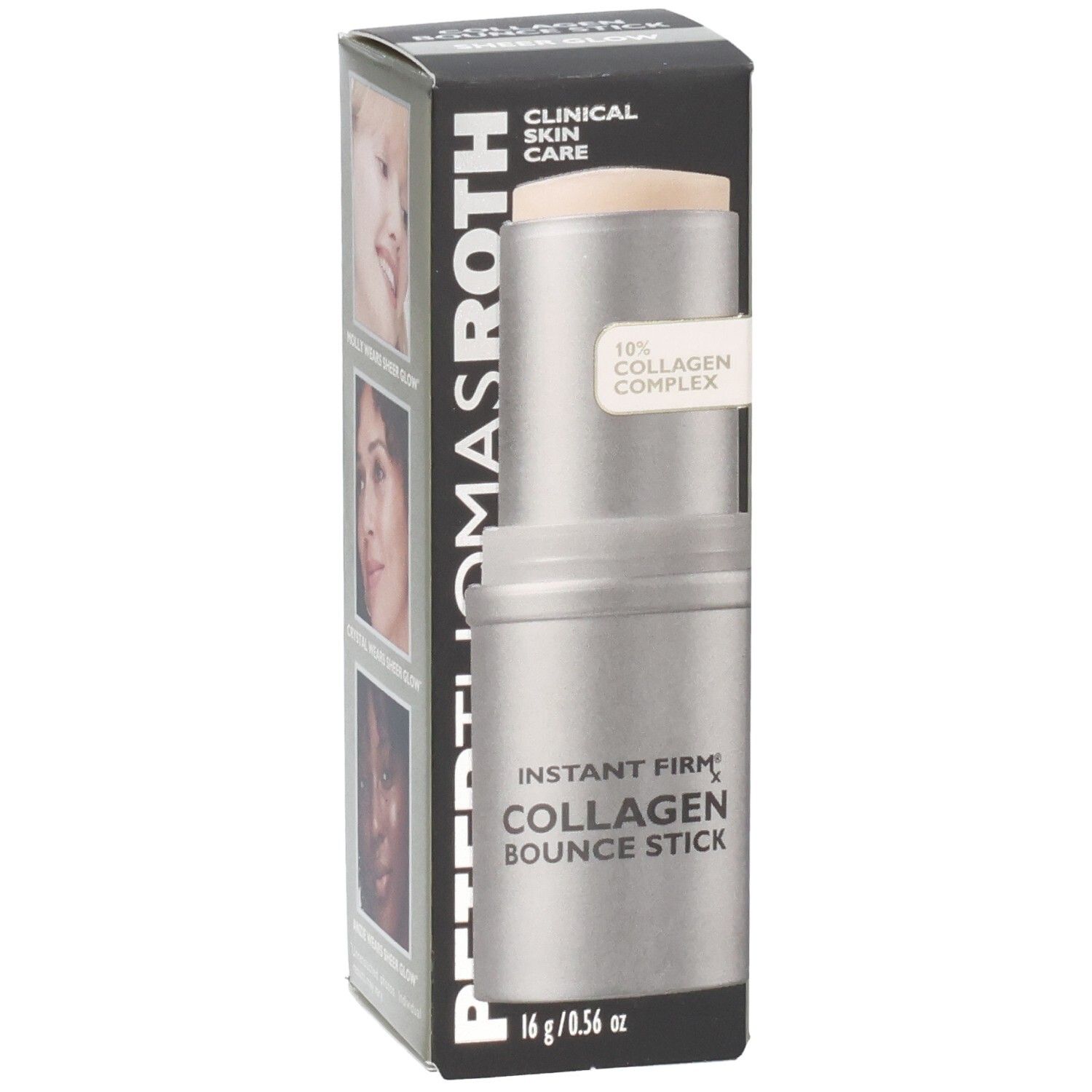 Peter Thomas Roth Instant FirmX Collagen Bounce Stick verpakking met stick en drie vrouwenportretten.