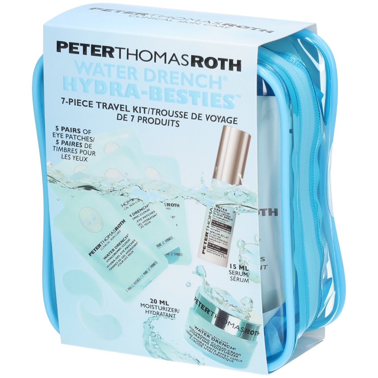 Kit de voyage Peter Thomas Roth Water Drench Hydra-Besties 7 pièces avec patchs oculaires, sérum et crème hydratante dans une pochette bleue.