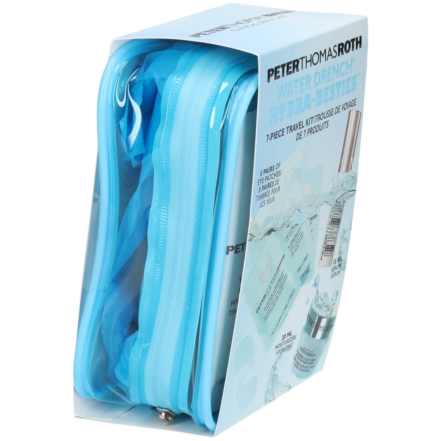 Kit de voyage Peter Thomas Roth Water Drench Hydra-Besties 7 pièces, vue latérale avec pochette bleue et produits.