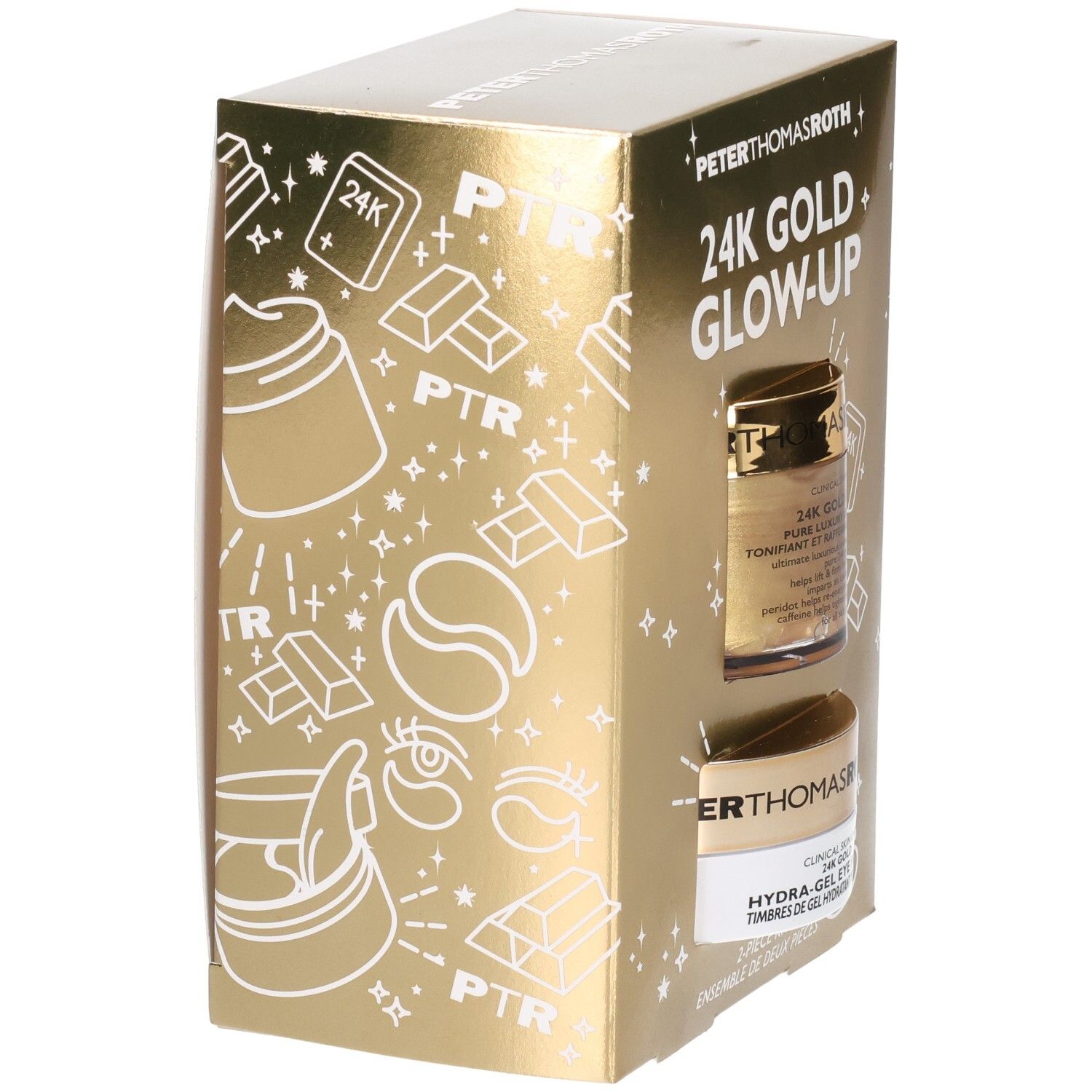 Emballage doré avec illustrations de lingots d'or et de produits cosmétiques. Contient deux produits Peter Thomas Roth.