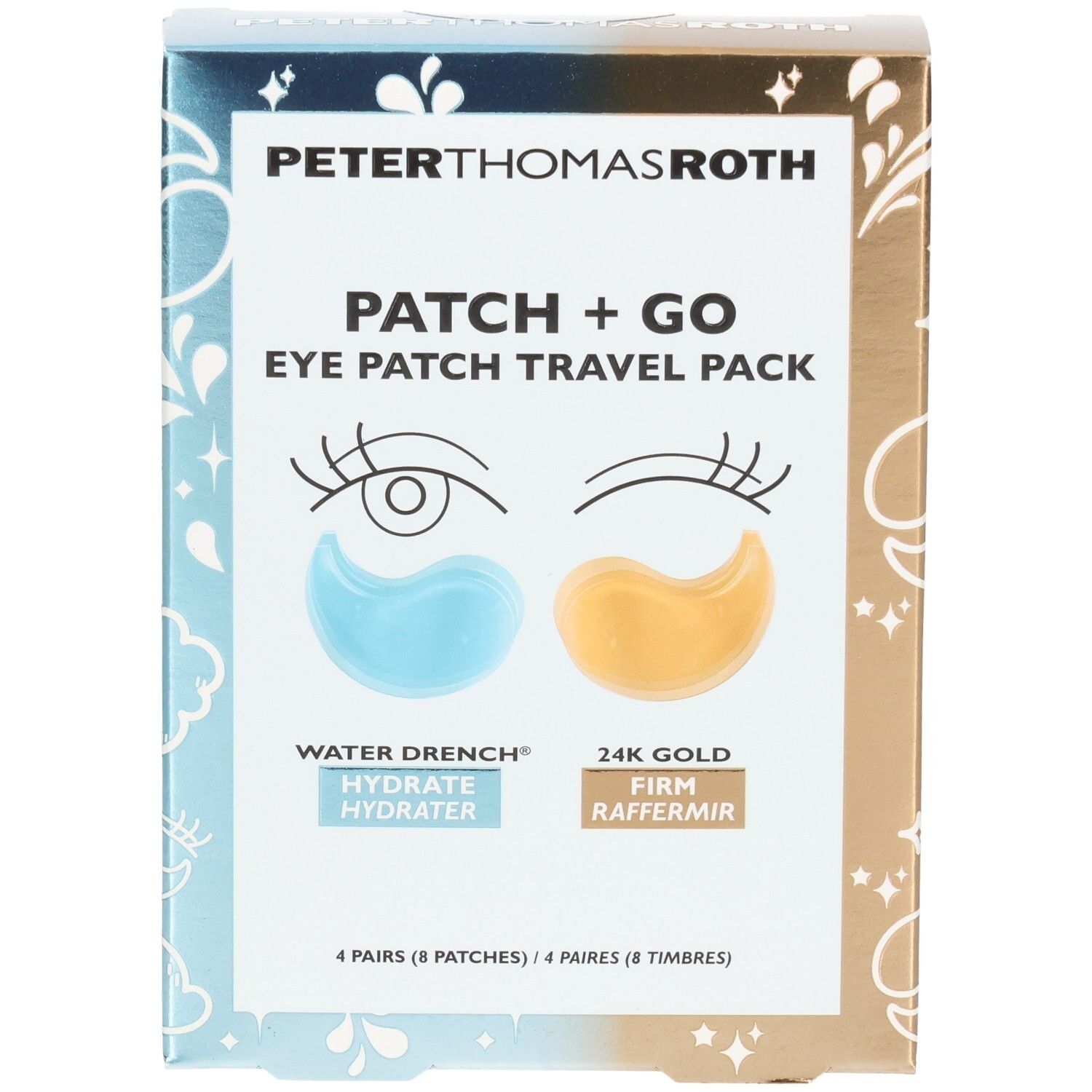 Emballage Peter Thomas Roth Patch + Go Eye Patch Travel Pack, face avant avec patchs oculaires bleus et dorés.