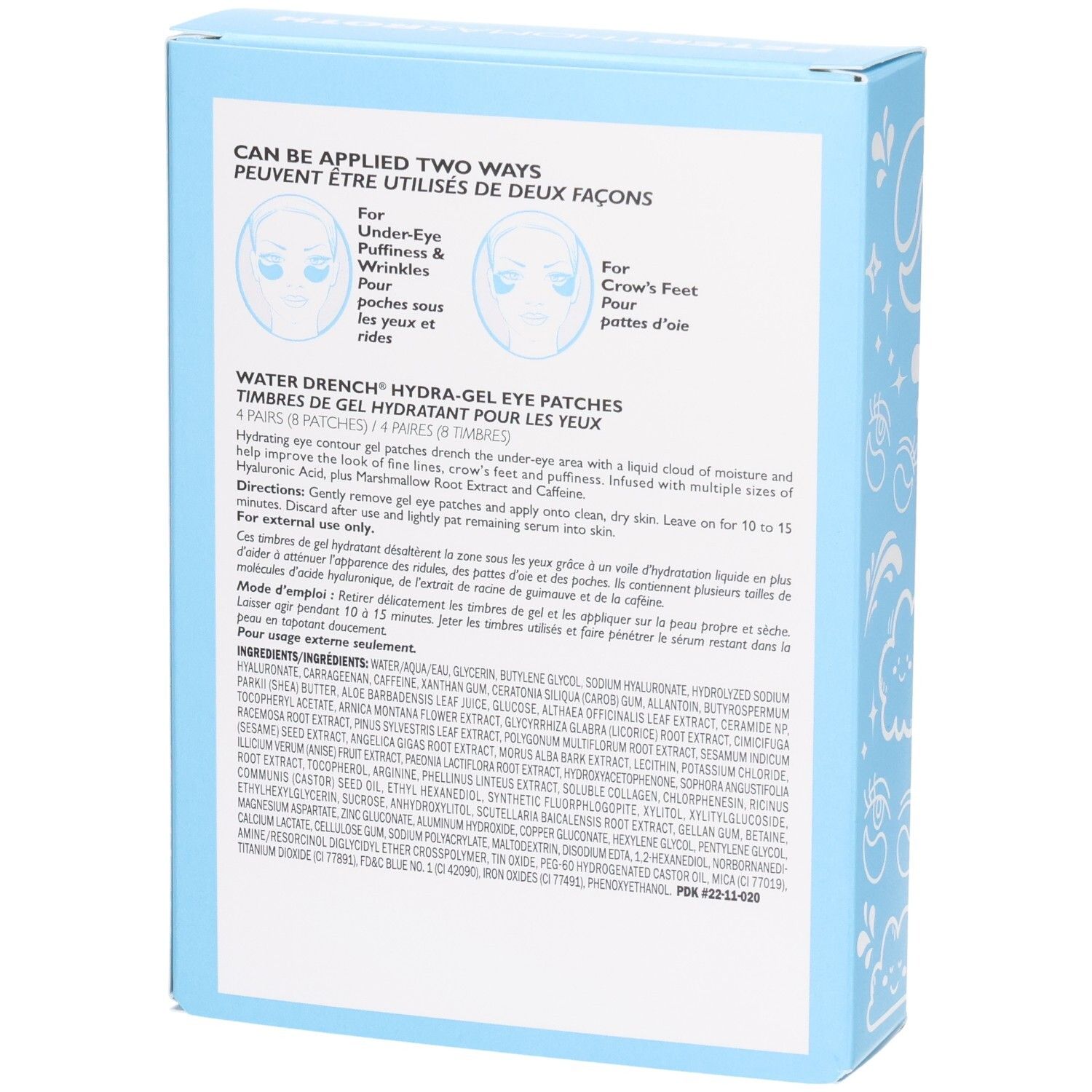 Arrière de la boîte Peter Thomas Roth Patch + Go Eye Patch Travel Pack avec instructions et ingrédients.