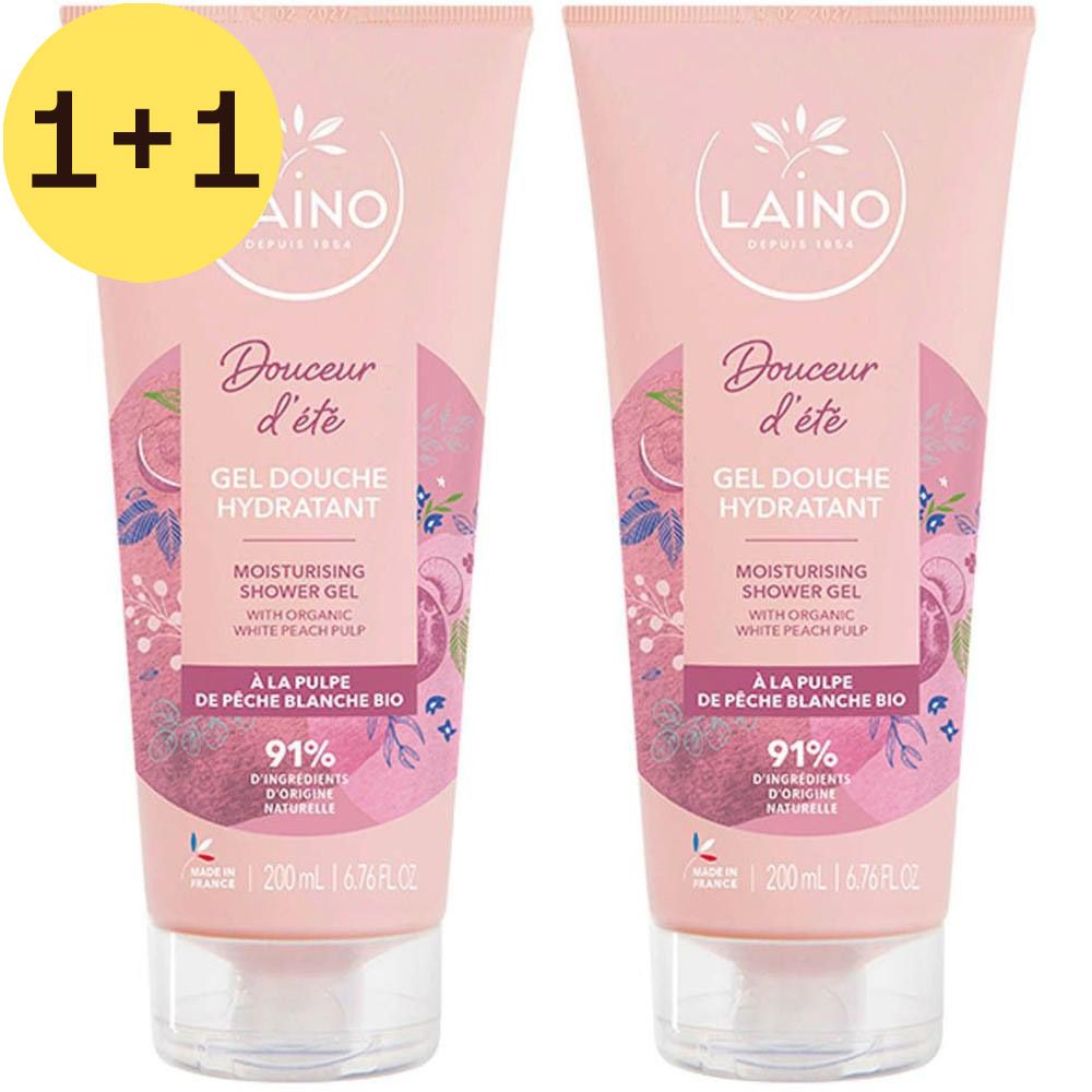 Deux tubes roses de gel douche. Inscription : Laino, Douceur d'été, Gel Douche Hydratant. Offre 1+1. 91% d'ingrédients naturels.